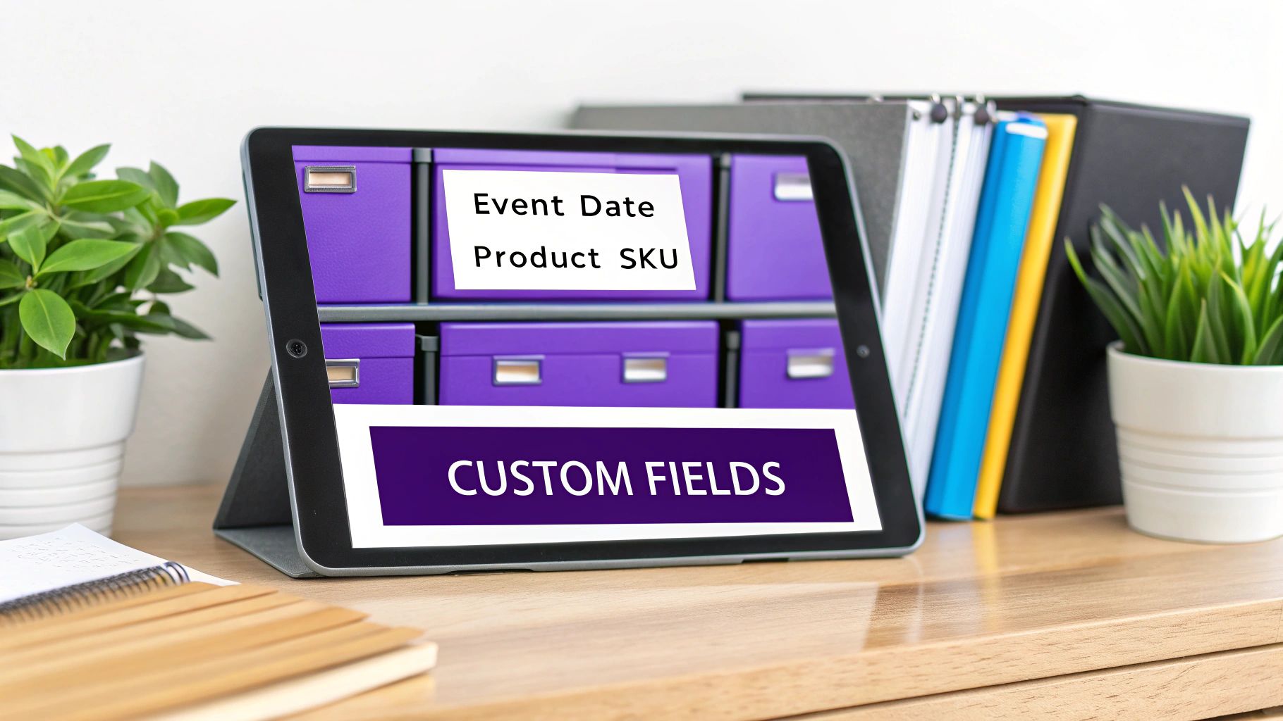 A tablet displays custom fields for event date and product SKU on an organized office desk.