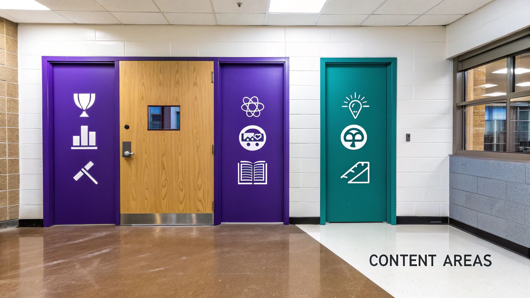 A student looking at a bookshelf, symbolizing the different content areas of learning.