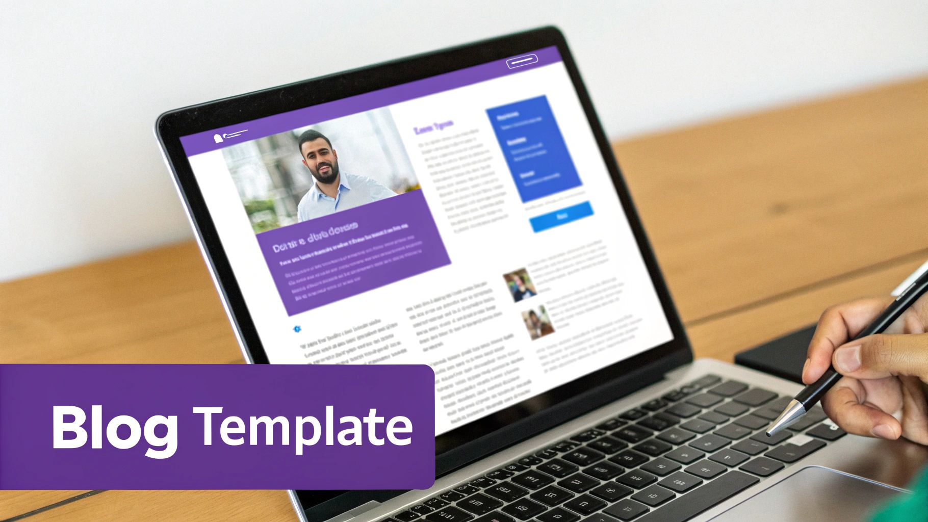 A laptop displays a modern blog template with a man's photo, text, and blue elements, while a hand types.