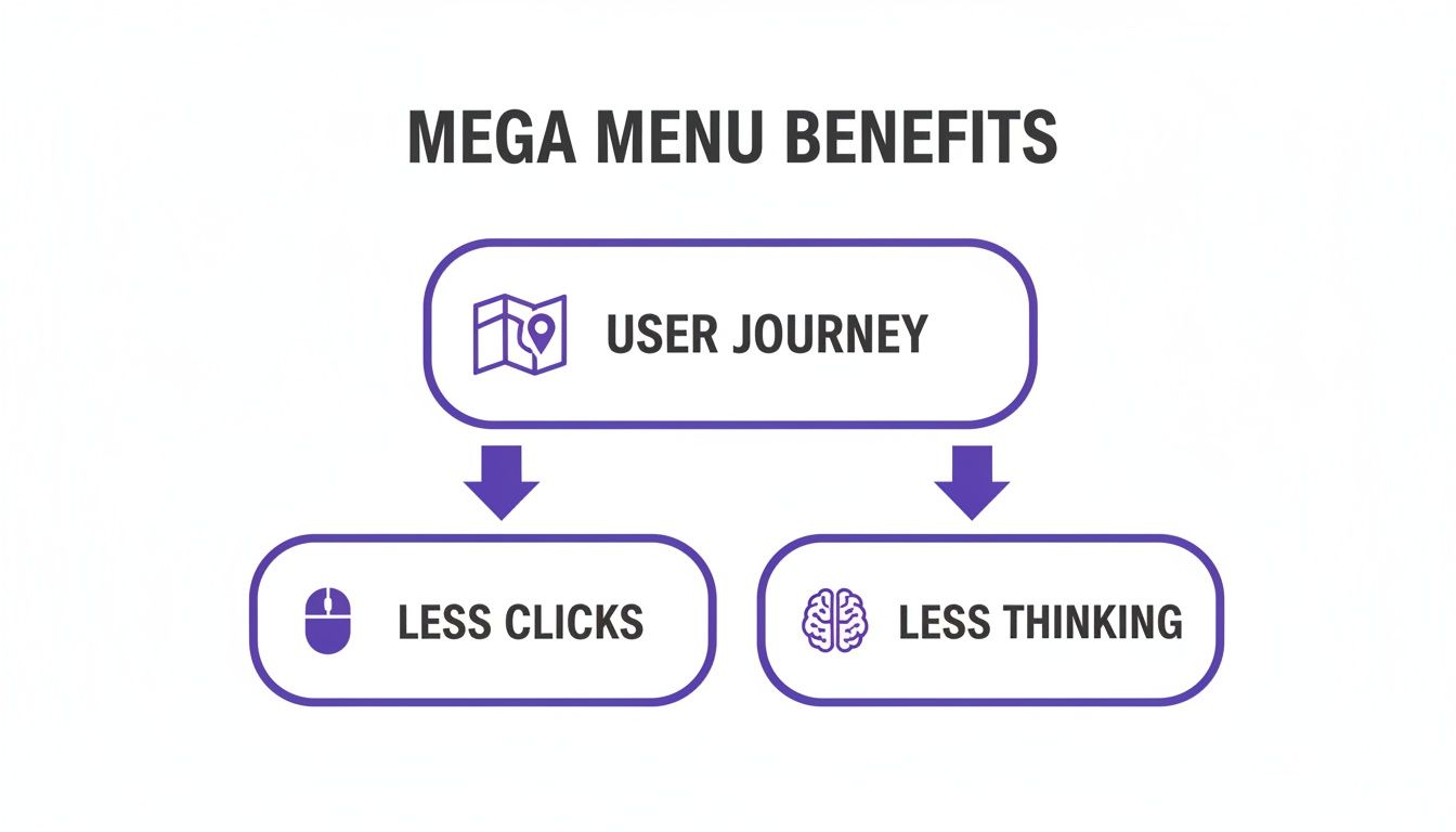 Diagram showing mega menu benefits: improved user journey leads to fewer clicks and less thinking.