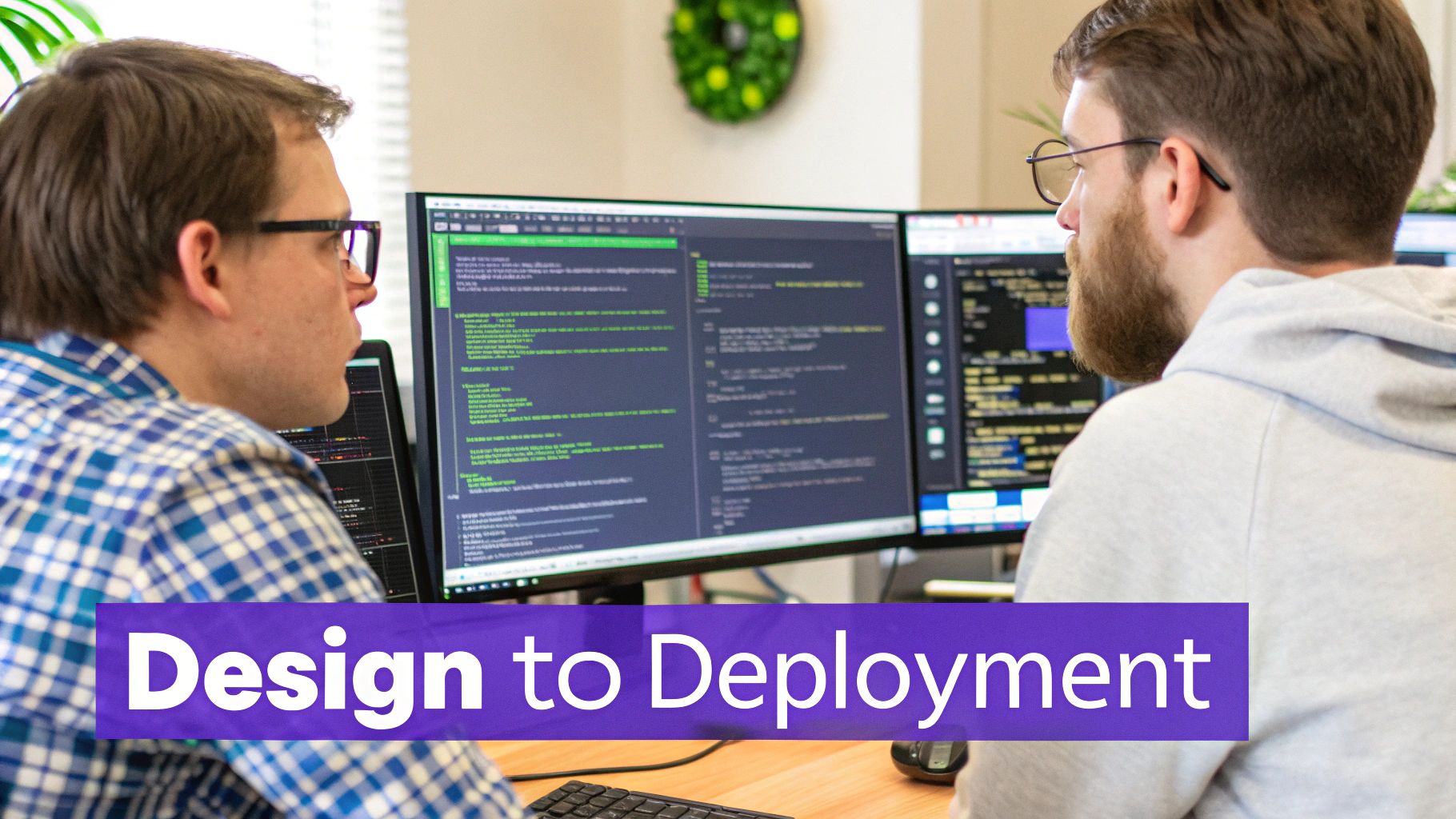 A project manager coordinating with designers and developers on a website layout.