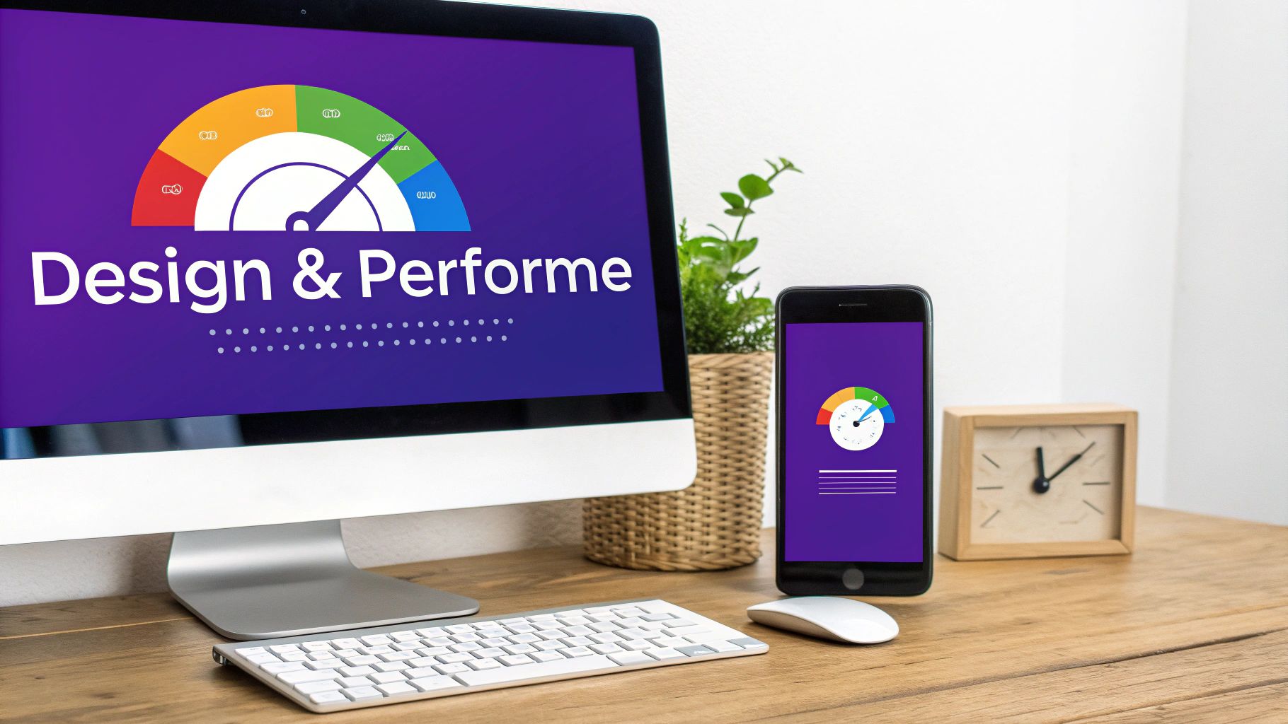 Desktop computer and smartphone on a wooden desk showing 'Design & Performe' with a performance gauge.