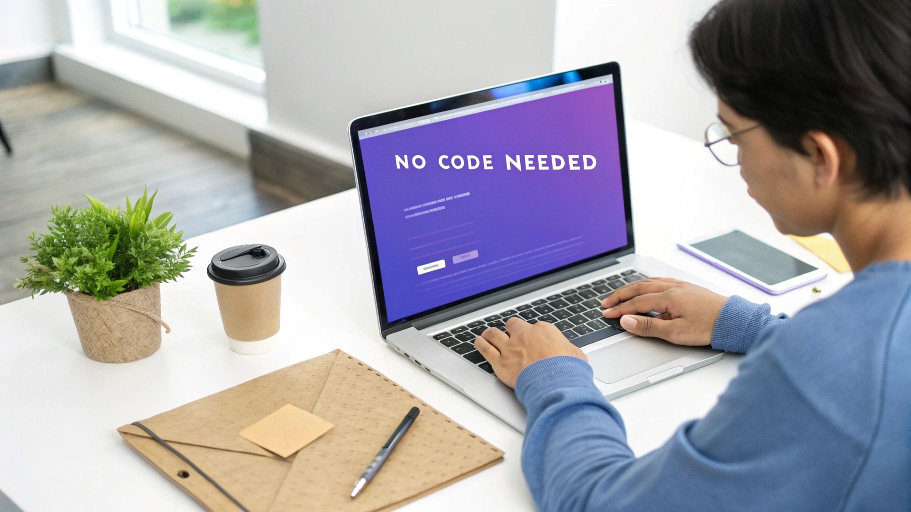 A person using a laptop to design a website with a drag-and-drop interface.