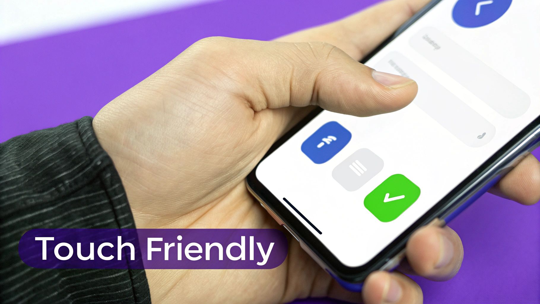 A hand interacts with a smartphone screen displaying large, touch-friendly buttons against a purple background.
