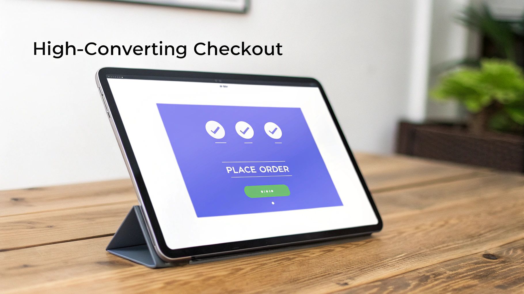 Tablet displaying high-converting WooCommerce checkout page with place order button and progress indicators