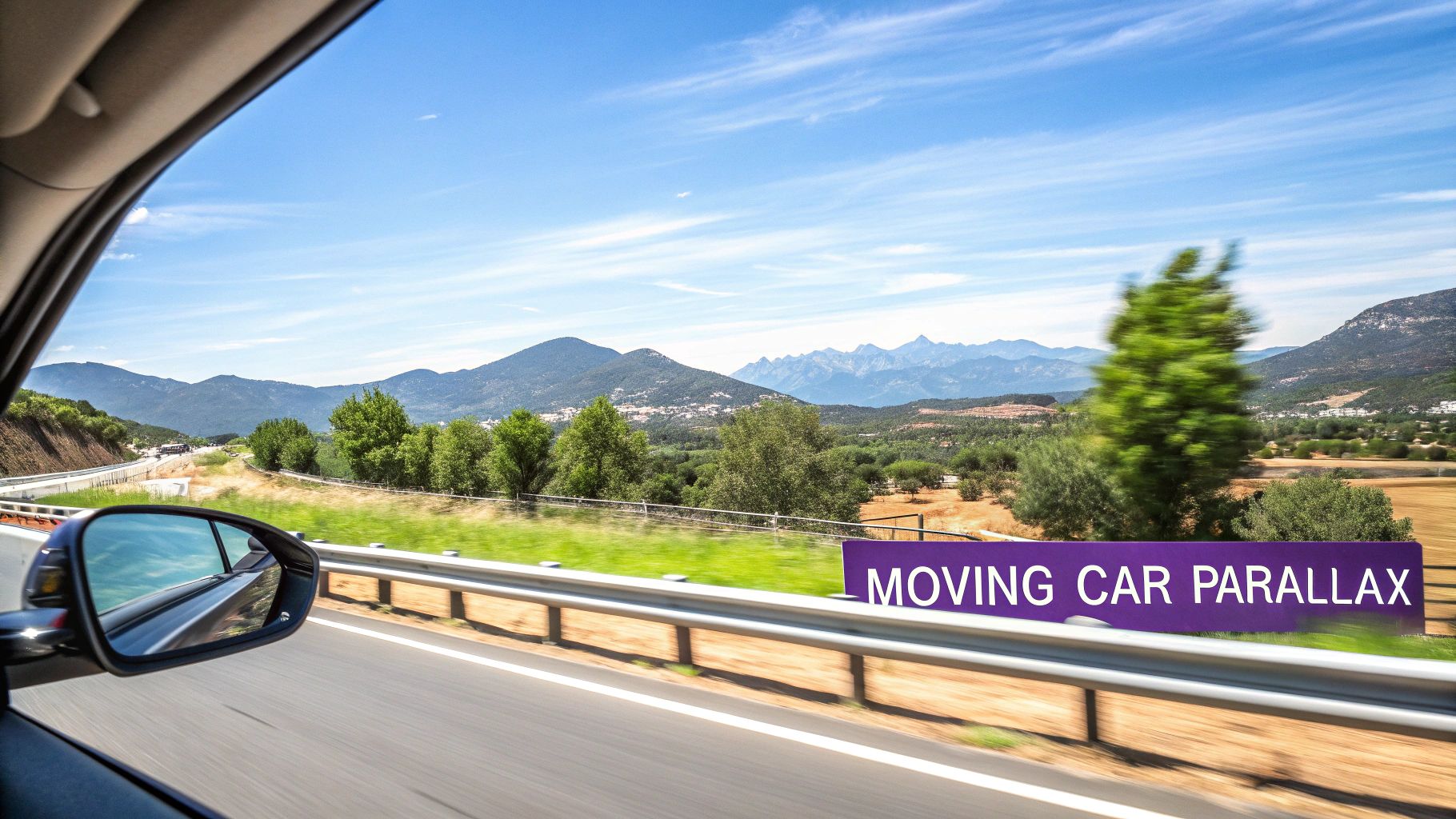 A scenic view from a moving car, illustrating how nearby objects blur past while distant mountains seem stationary, demonstrating the parallax effect.
