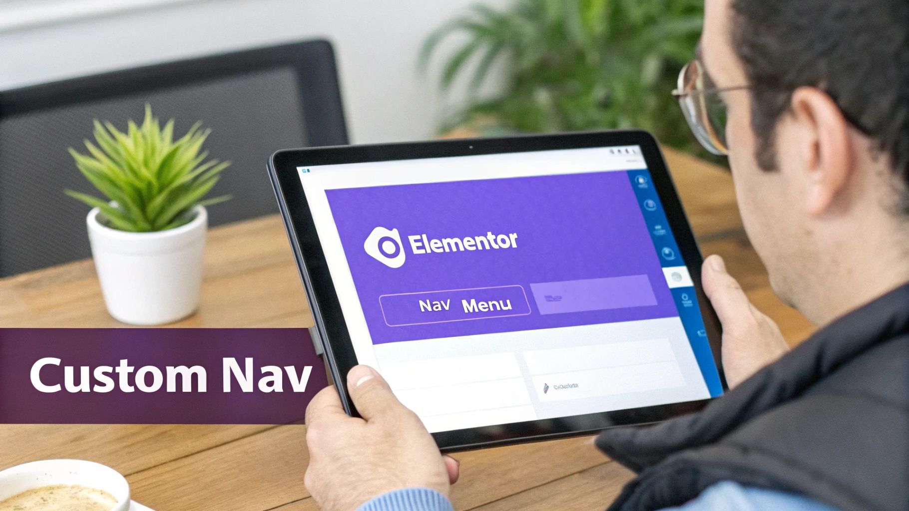 Person holds a tablet showing Elementor website builder with a custom navigation menu and dropdown options.