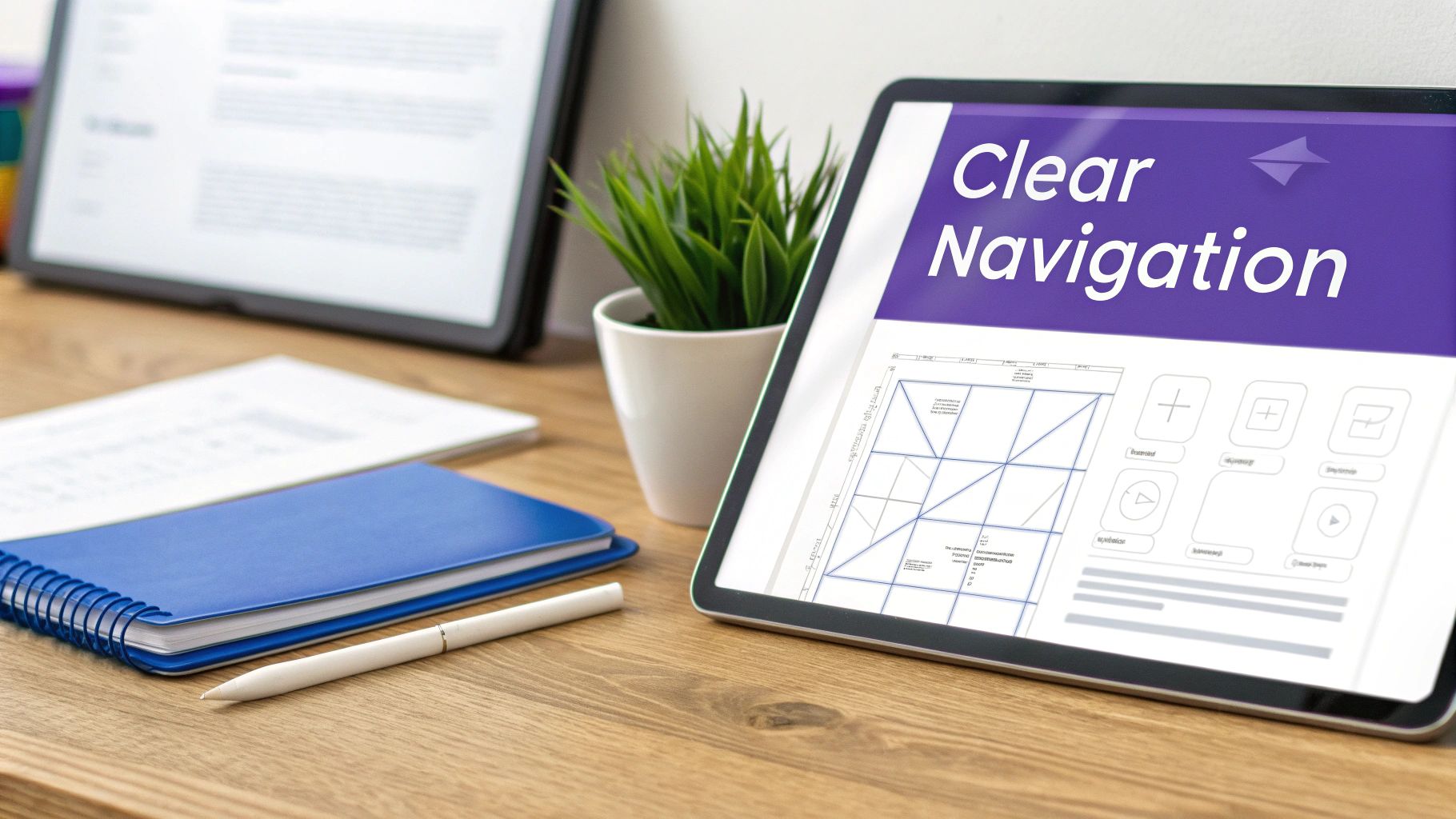 A tablet displays 'Clear Navigation' on a purple banner and a website layout, next to a stylus and notebook.