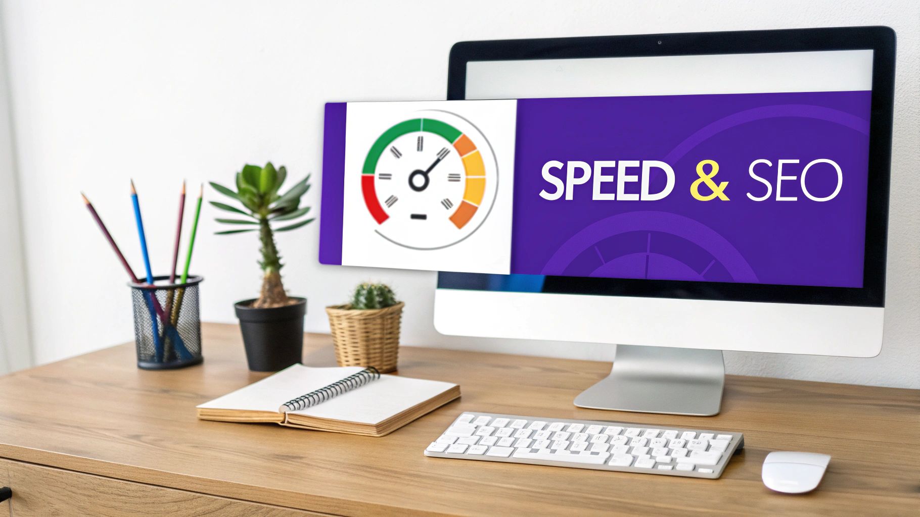 Computer monitor displaying speed and SEO optimization gauge on purple background with office workspace