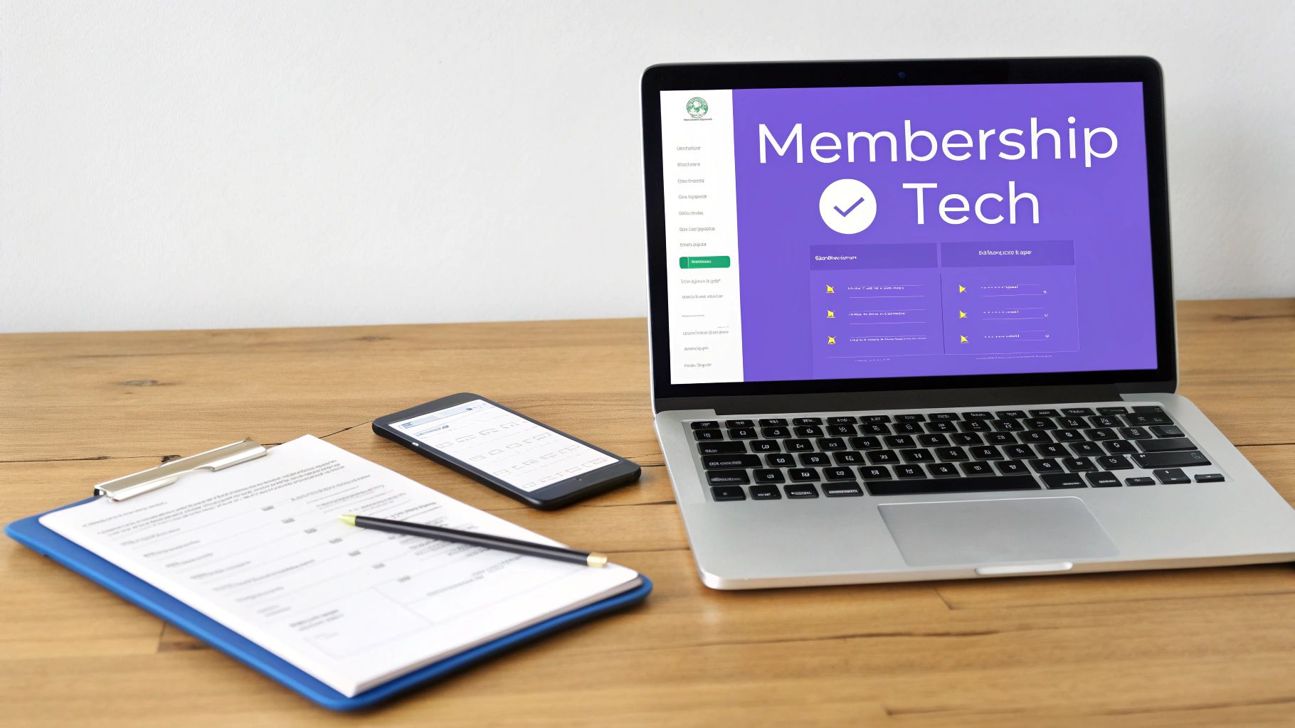 A laptop displays 'Membership Tech' on a wooden desk with a smartphone, clipboard, and pen, illustrating a digital workspace.