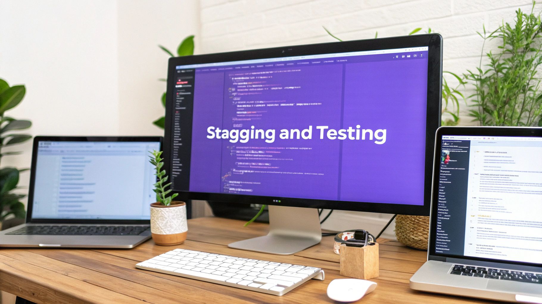 A modern tech workspace with a large monitor displaying 'Stagging and Testing', two laptops, and small plants on a wooden desk.