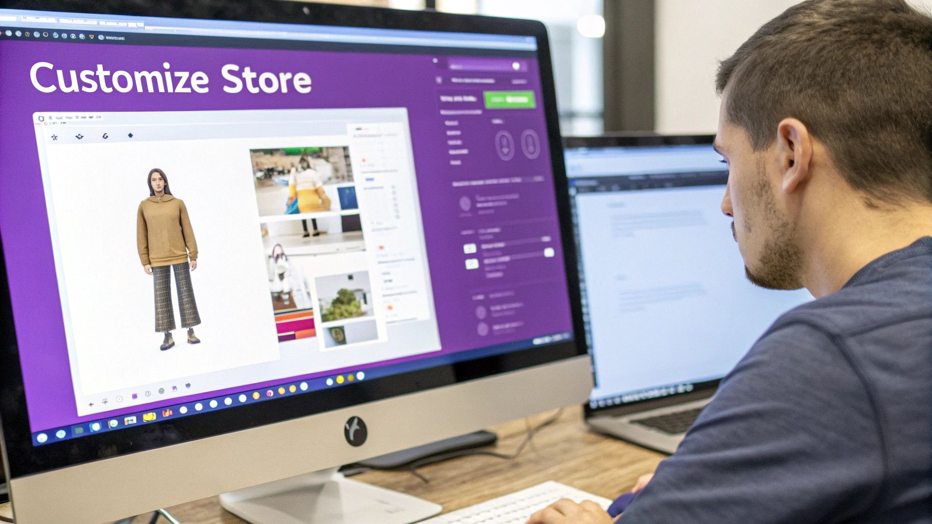 A person customizes an e-commerce store on a computer screen displaying clothing products and design options.