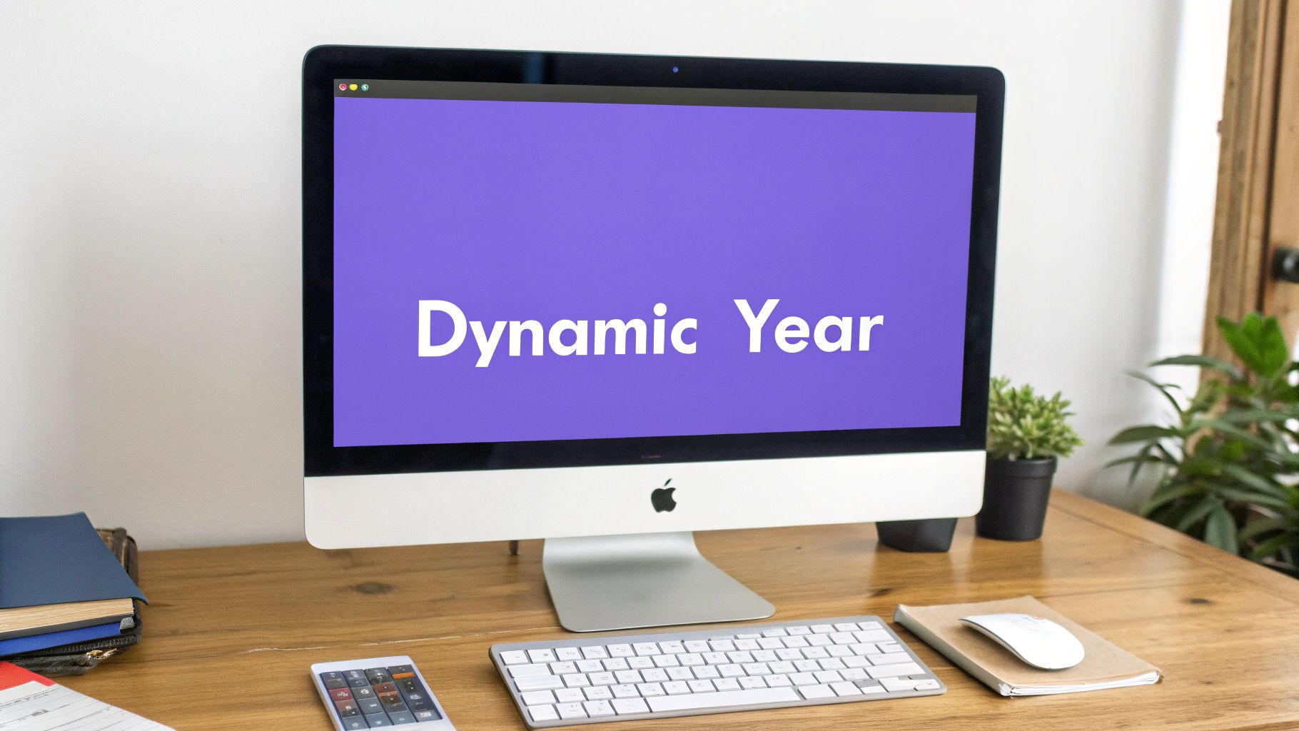 Modern workspace with an iMac displaying 'Dynamic Year', keyboard, mouse, and books on a wooden table.