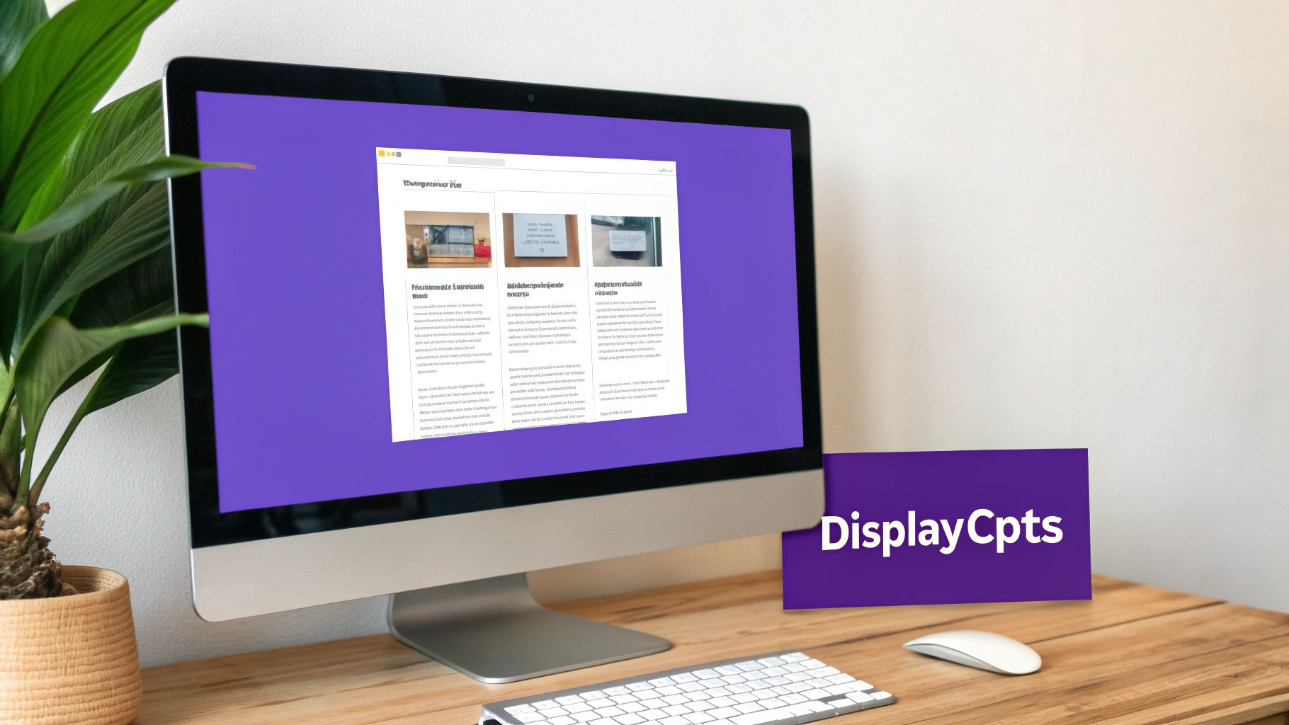 Computer monitor showing a website with articles, next to a plant and a 'DisplayCpts' sign on a wooden desk.