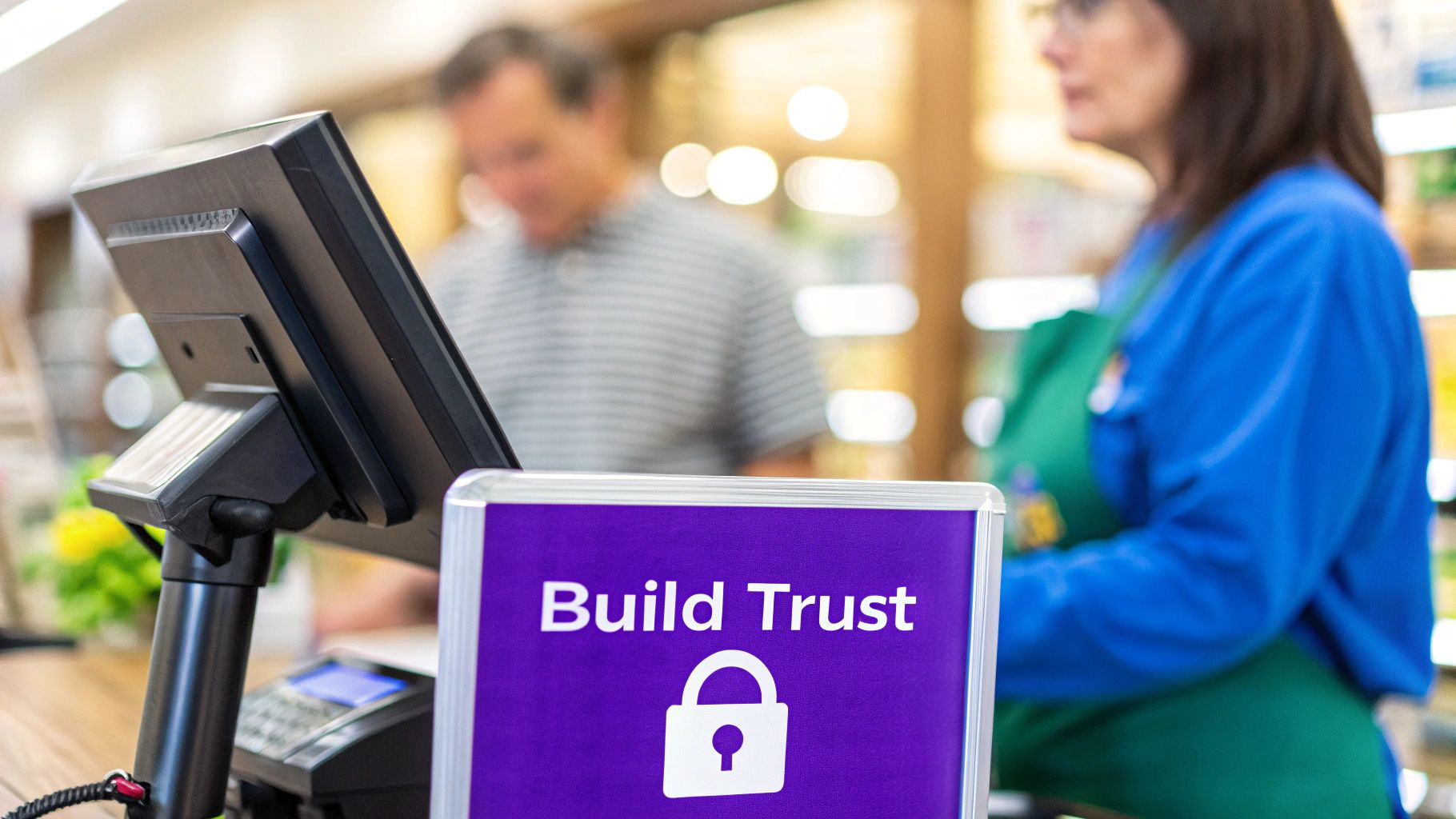 A purple sign with “Build Trust” and a lock icon at a retail checkout counter.