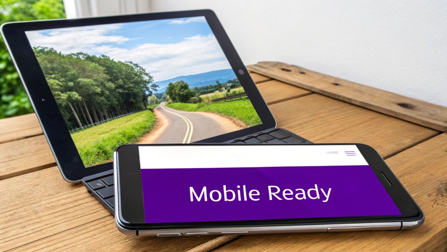 A tablet displaying a scenic road and a smartphone showing 'Mobile Ready' on a wooden table.