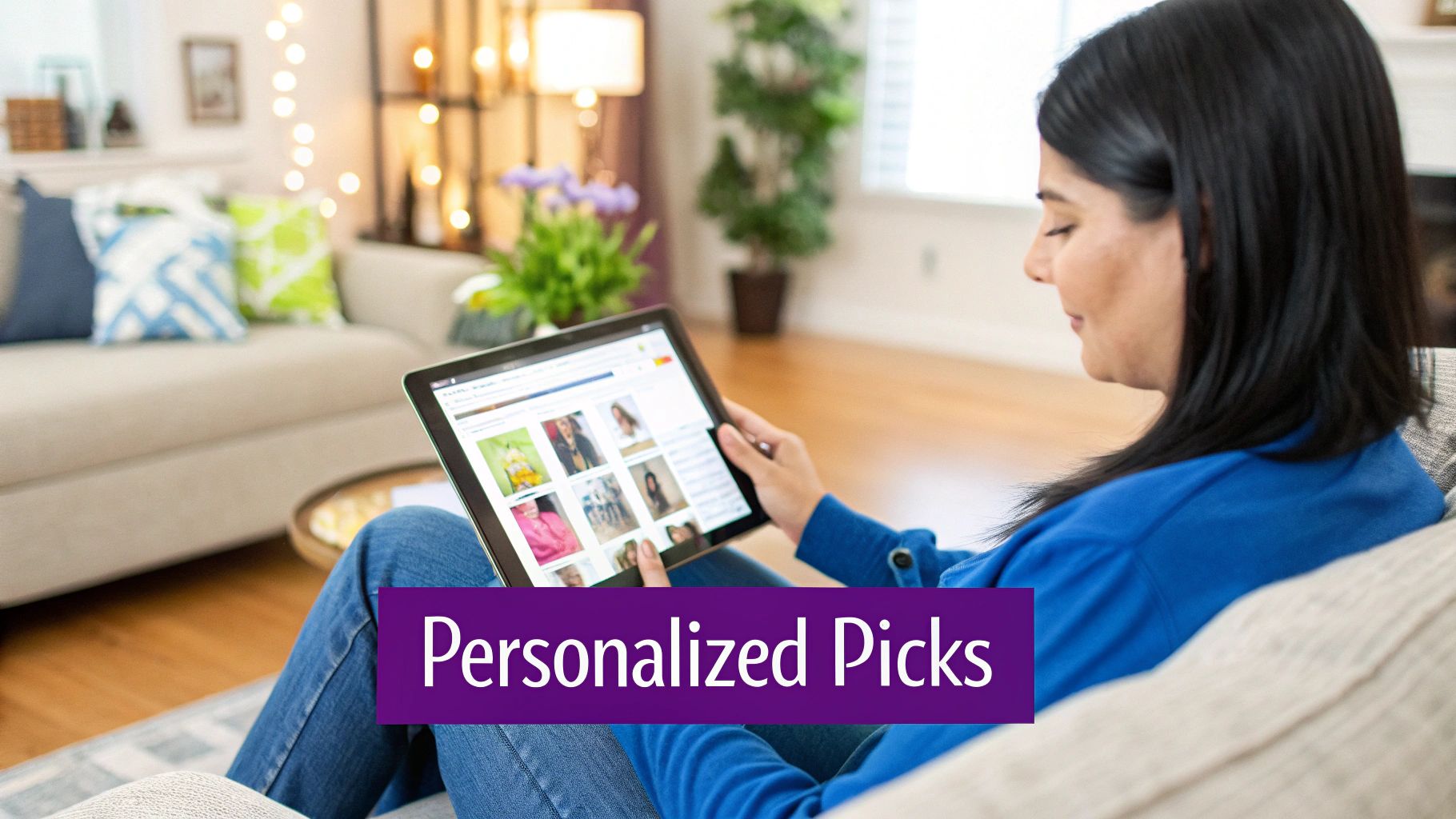 A woman smiles as she receives a personalized offer on her smartphone while shopping online.