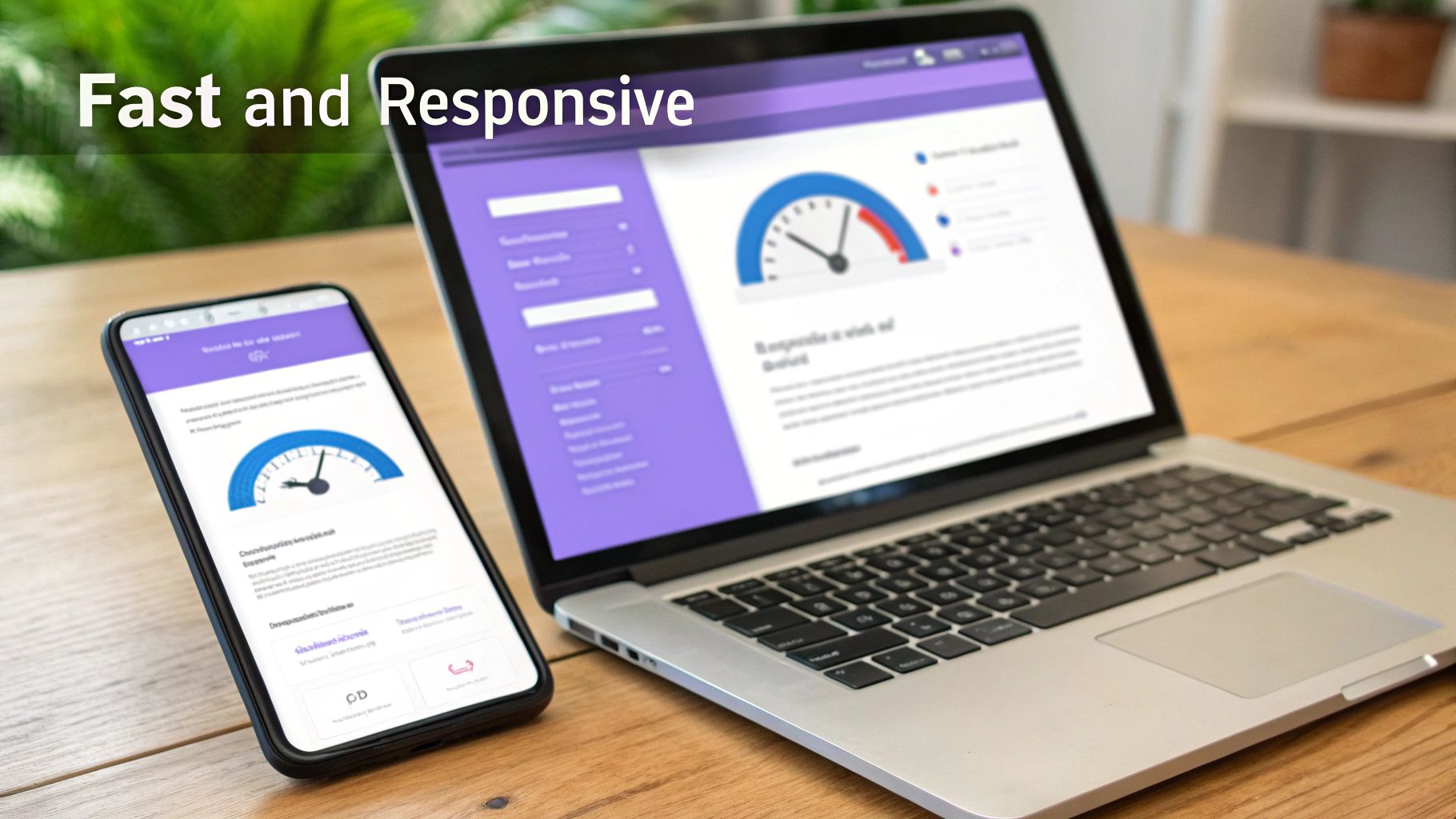 A laptop and smartphone display a fast and responsive website with a speed gauge.