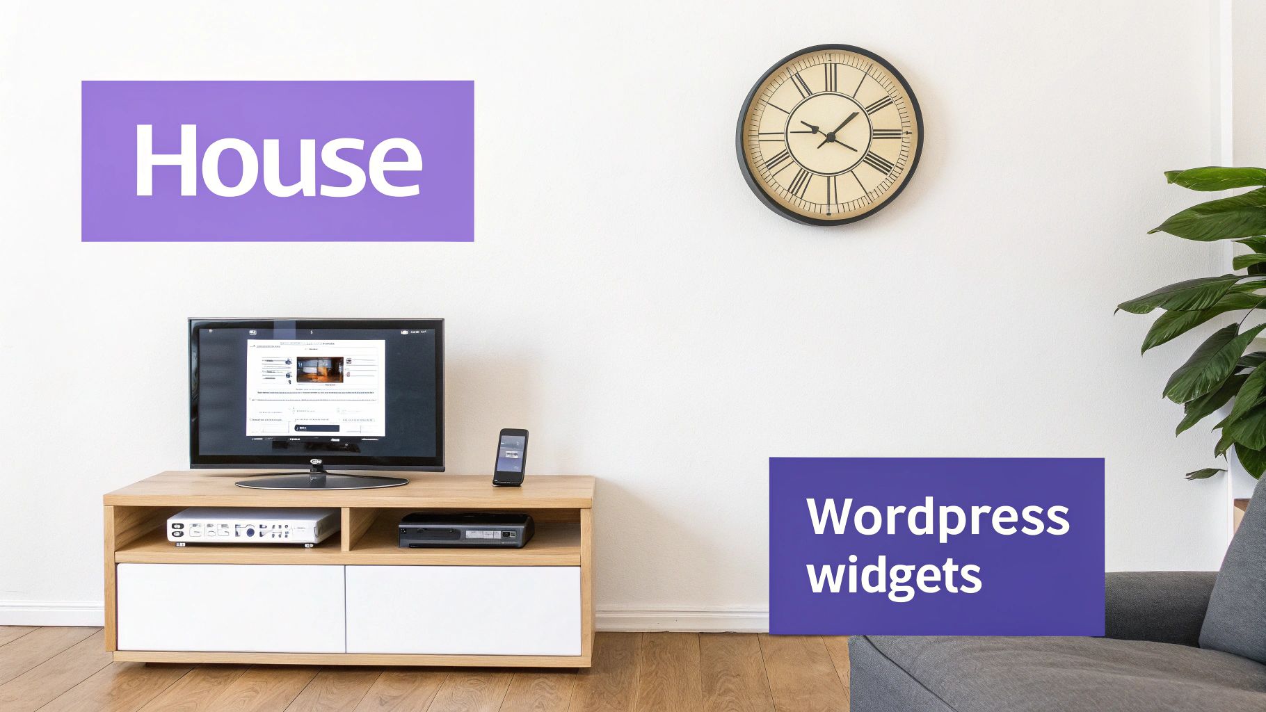 A modern living room with a TV on a media console, a wall clock, and a plant. Overlays show 'House' and 'Wordpress widgets'.
