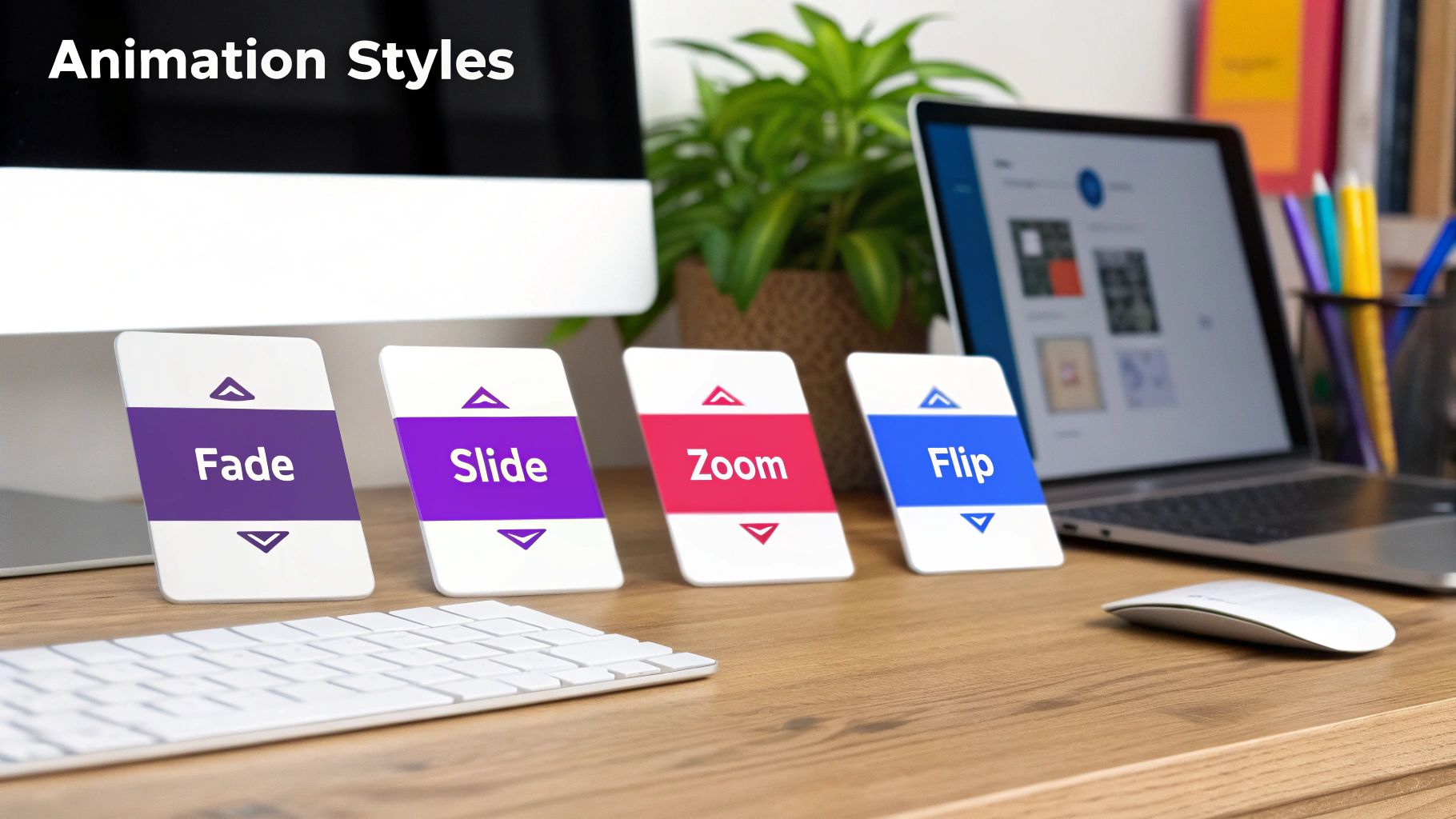 Four UI cards showcasing different animation styles like Fade, Slide, Zoom, and Flip on a desk.