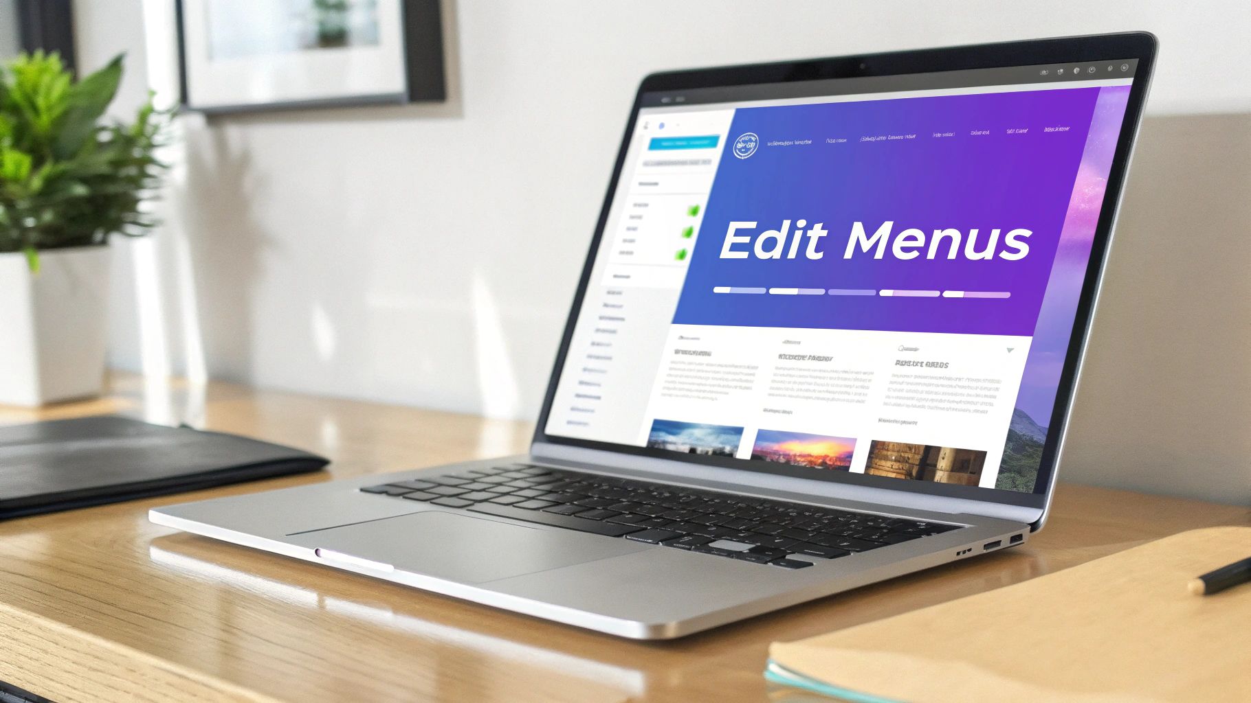 A silver laptop displays an 'Edit Menus' interface on a wooden desk in an office setting.