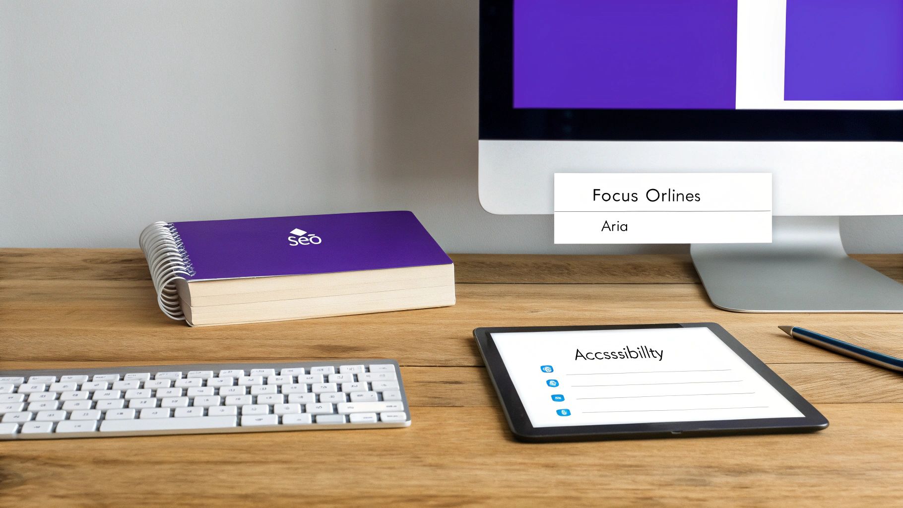 A desk setup with a monitor displaying web content, a 'seo' notebook, keyboard, and a tablet showing 'Accessibility'.