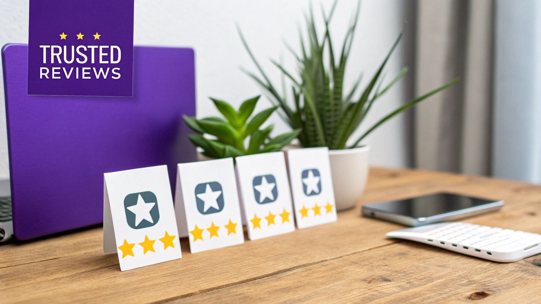 A desk with a purple laptop, plants, smartphone, and cards showing app ratings with three gold stars.
