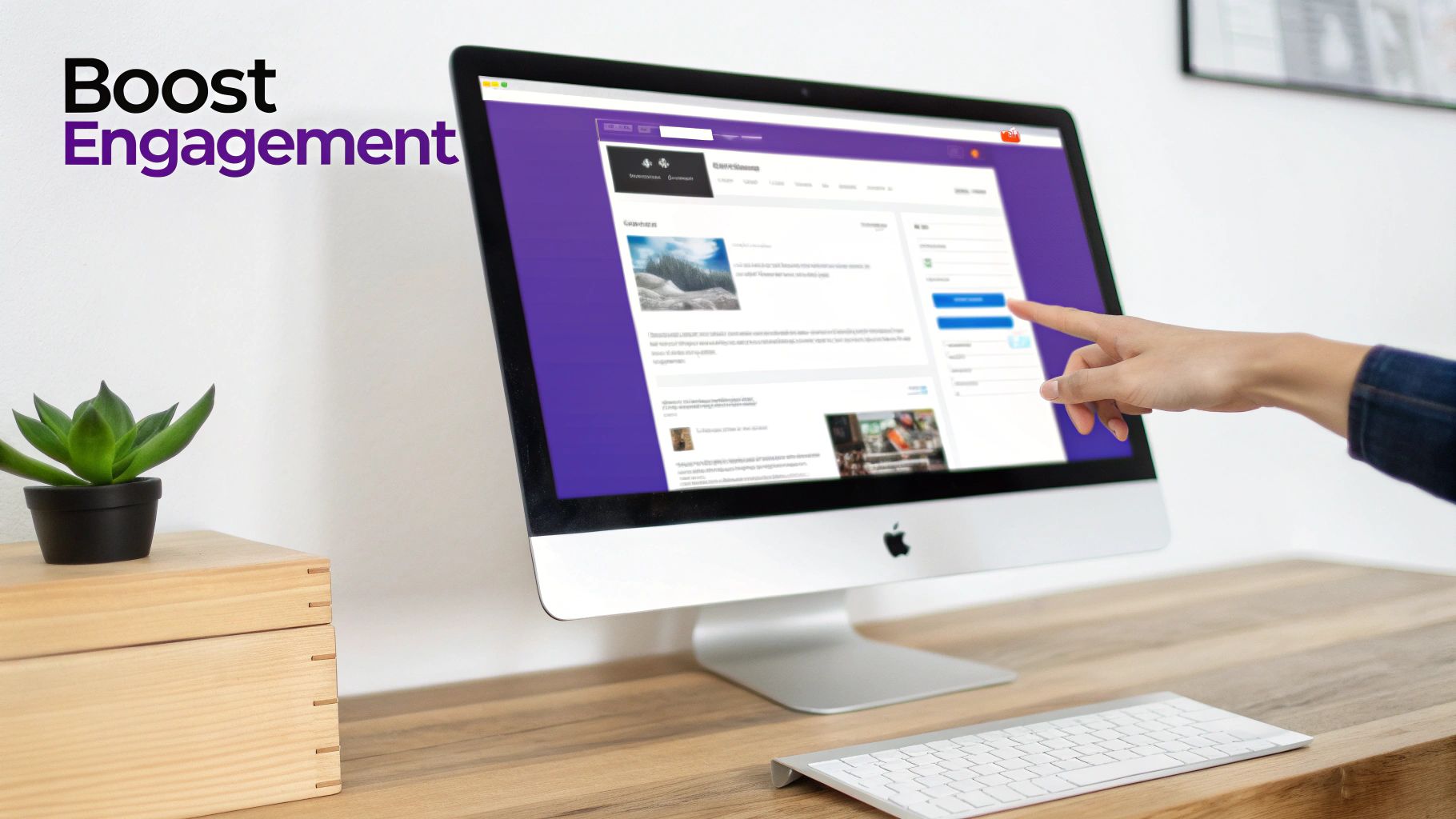 A hand points at a desktop computer displaying a website with a blog layout and purple theme, with Boost Engagement text.
