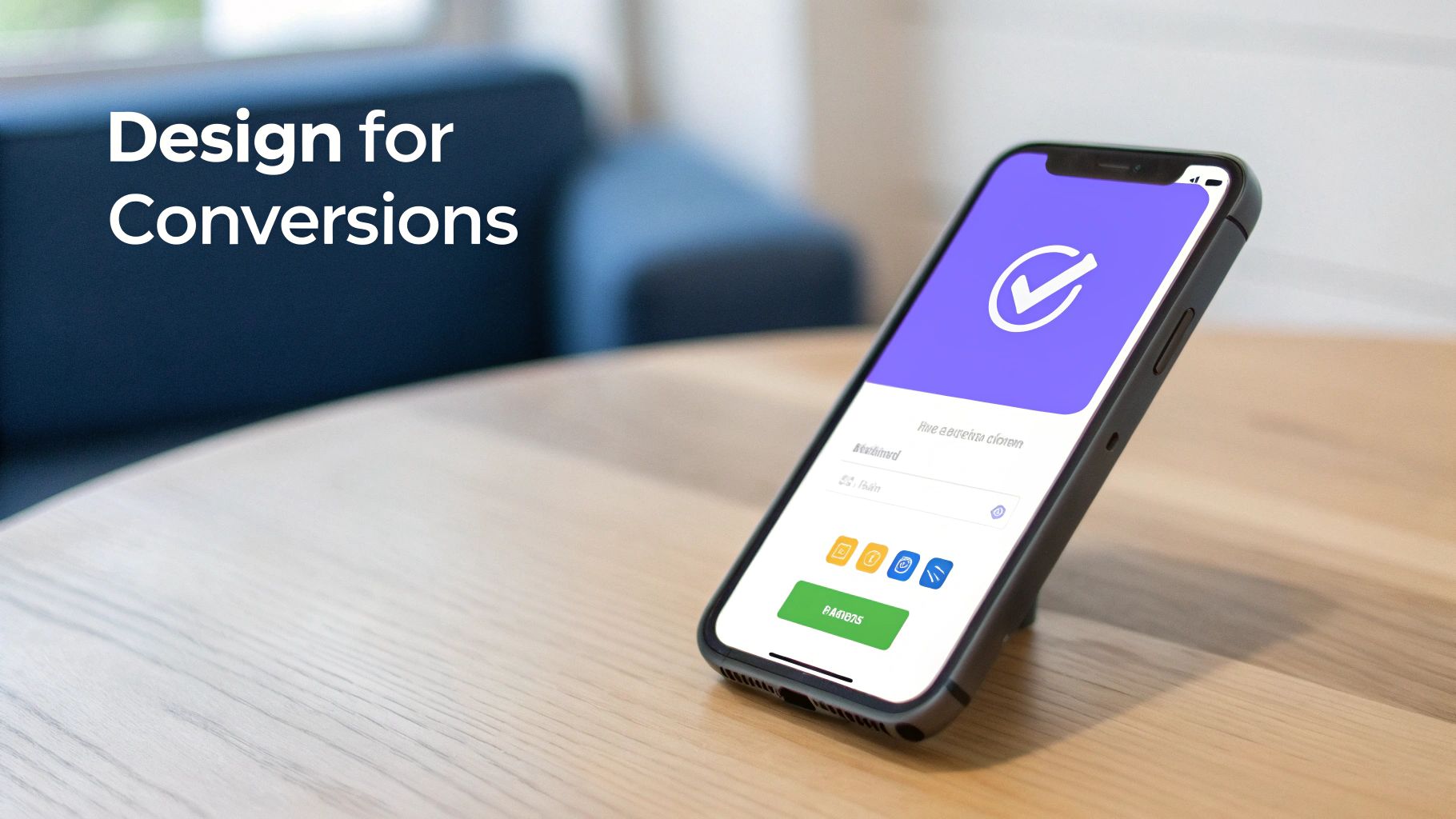 Smartphone displaying a mobile app with a checkmark logo and text fields, on a wooden table, with 'Design for Conversions' text.