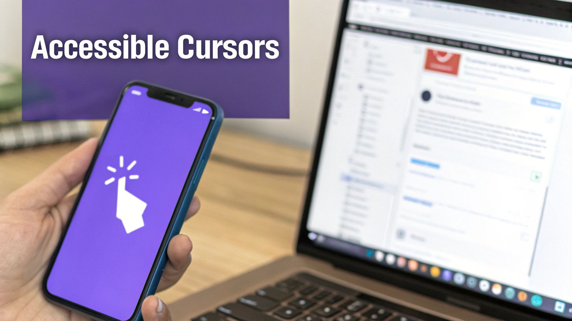 Hand holds smartphone displaying a white clicking cursor on a purple screen, with 'Accessible Cursors' text.