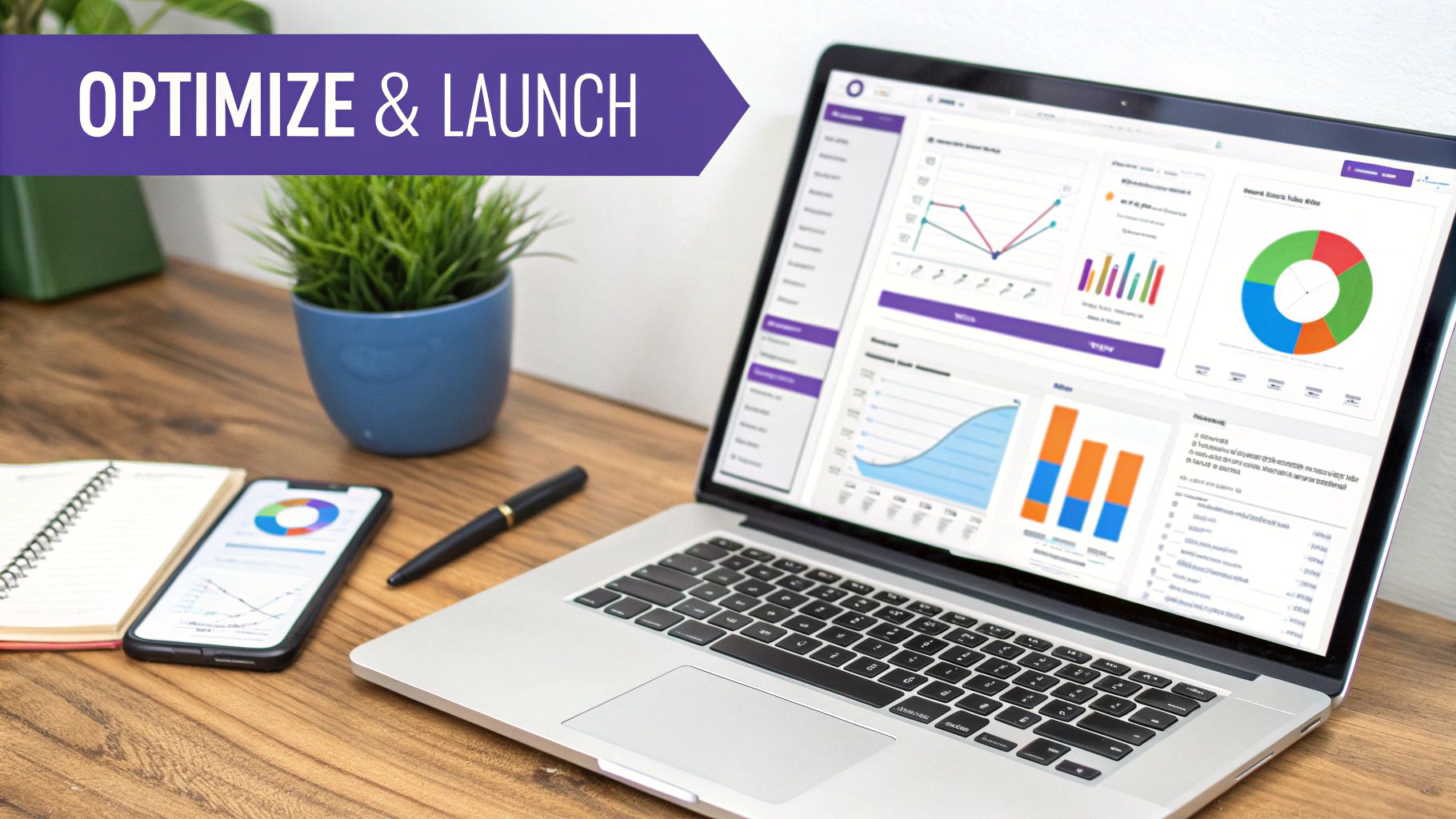 A modern workspace with a laptop, smartphone, and notebook displaying data analytics dashboards and charts.