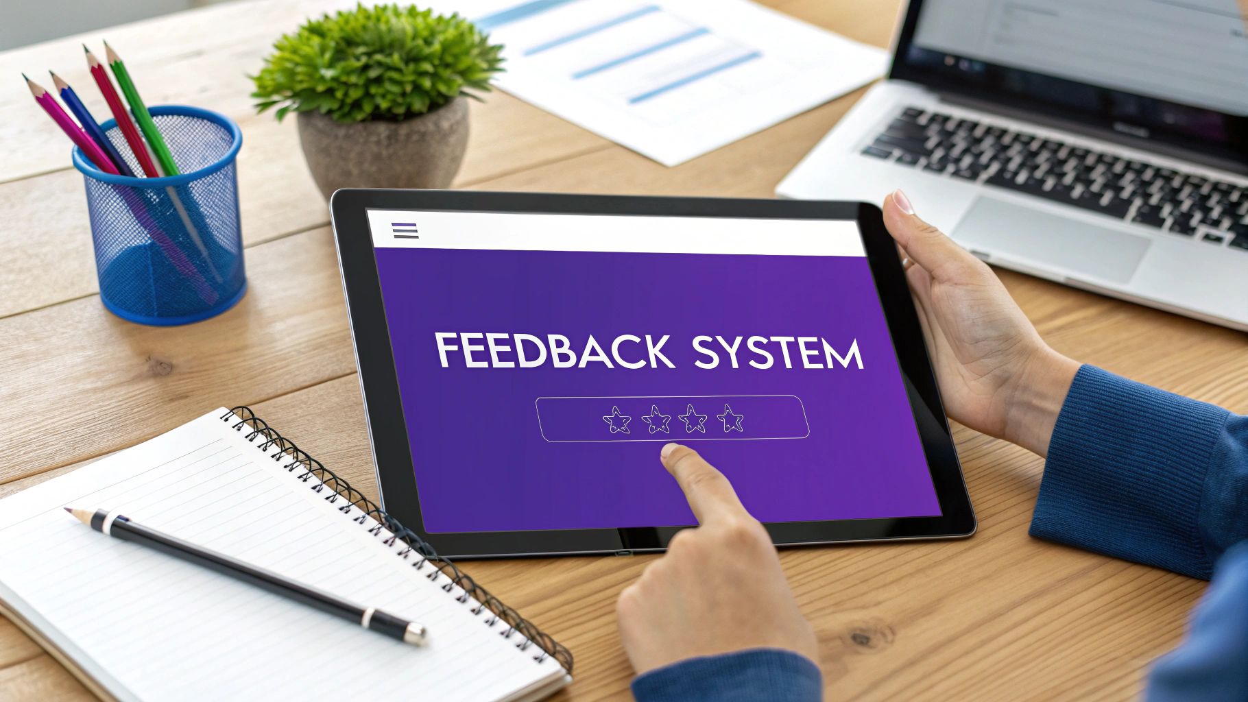 A person designing a feedback form on a computer screen, with sticky notes and charts in the background.