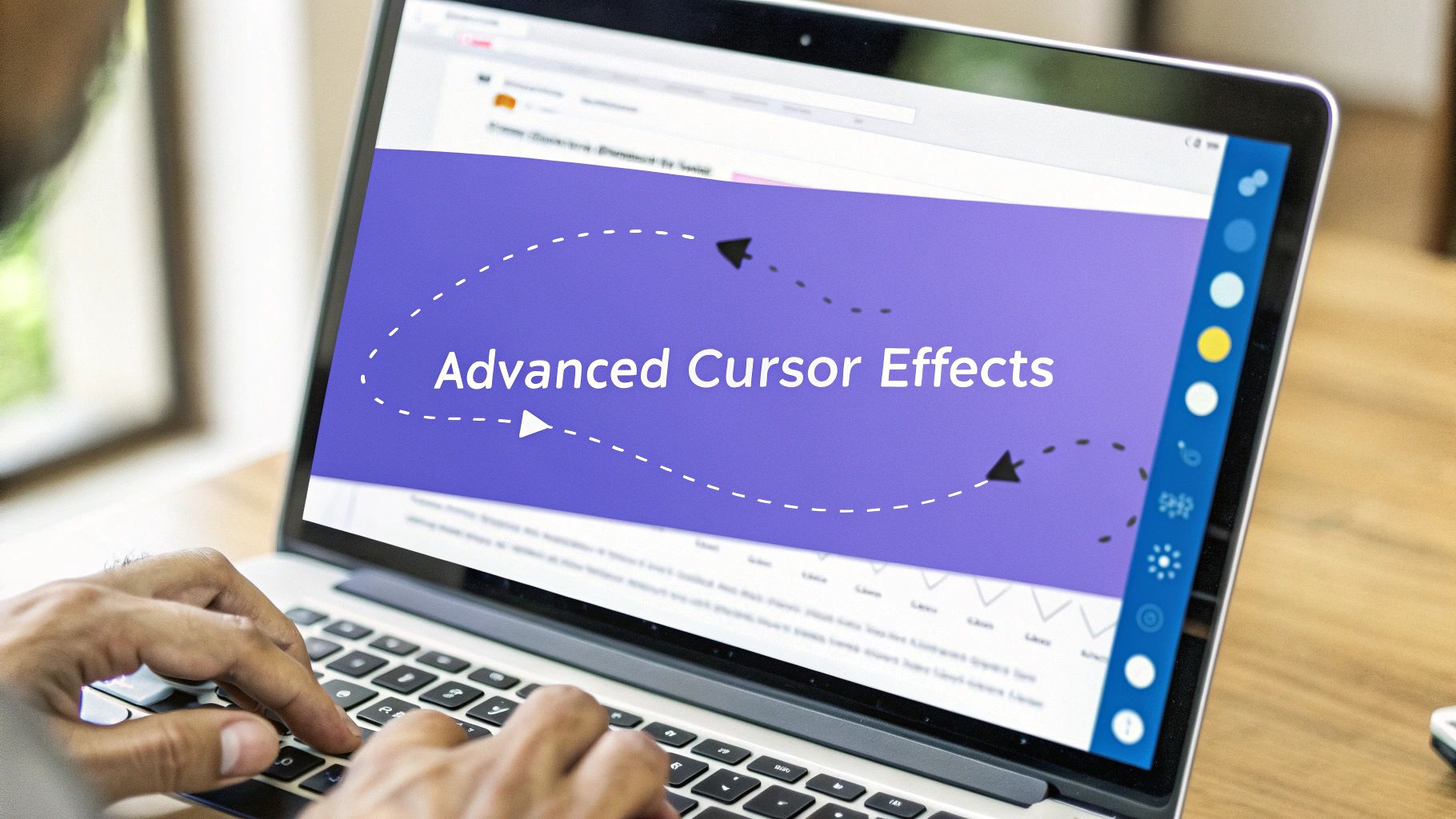 Close-up of hands typing on a laptop displaying 'Advanced Cursor Effects' on its screen.