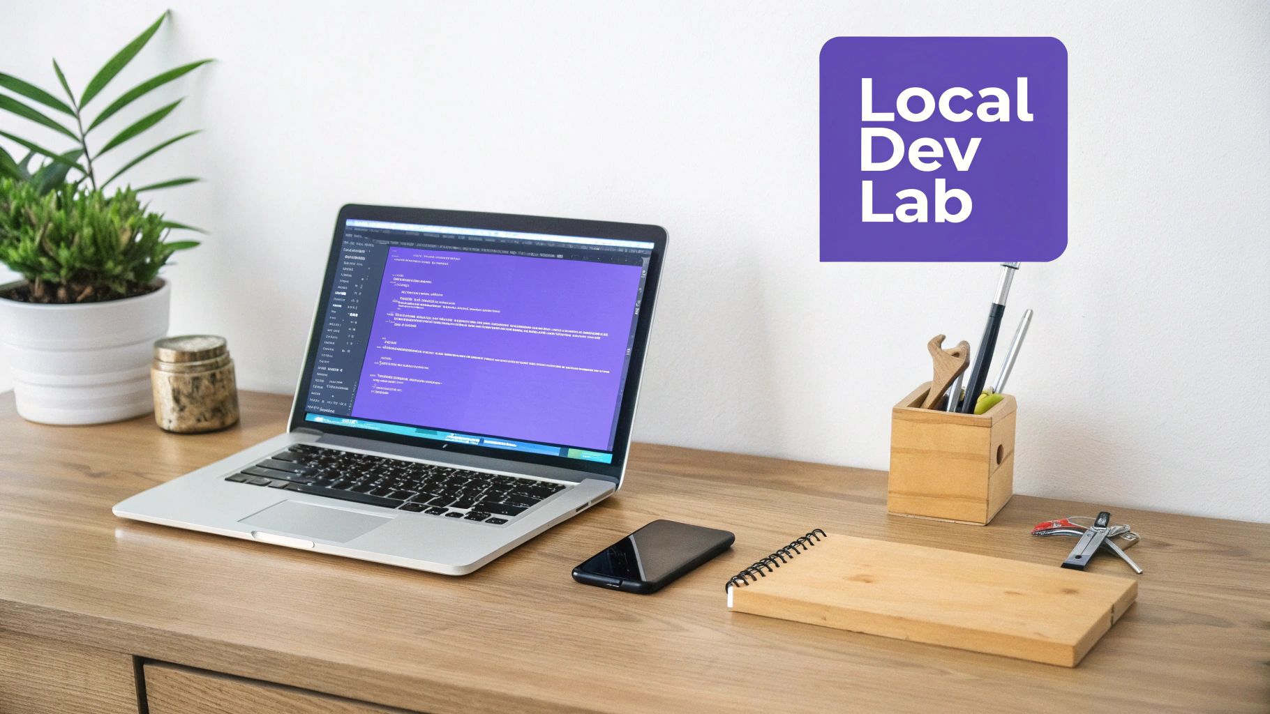 A digital illustration showing a WordPress logo inside a computer screen, representing a local development environment.