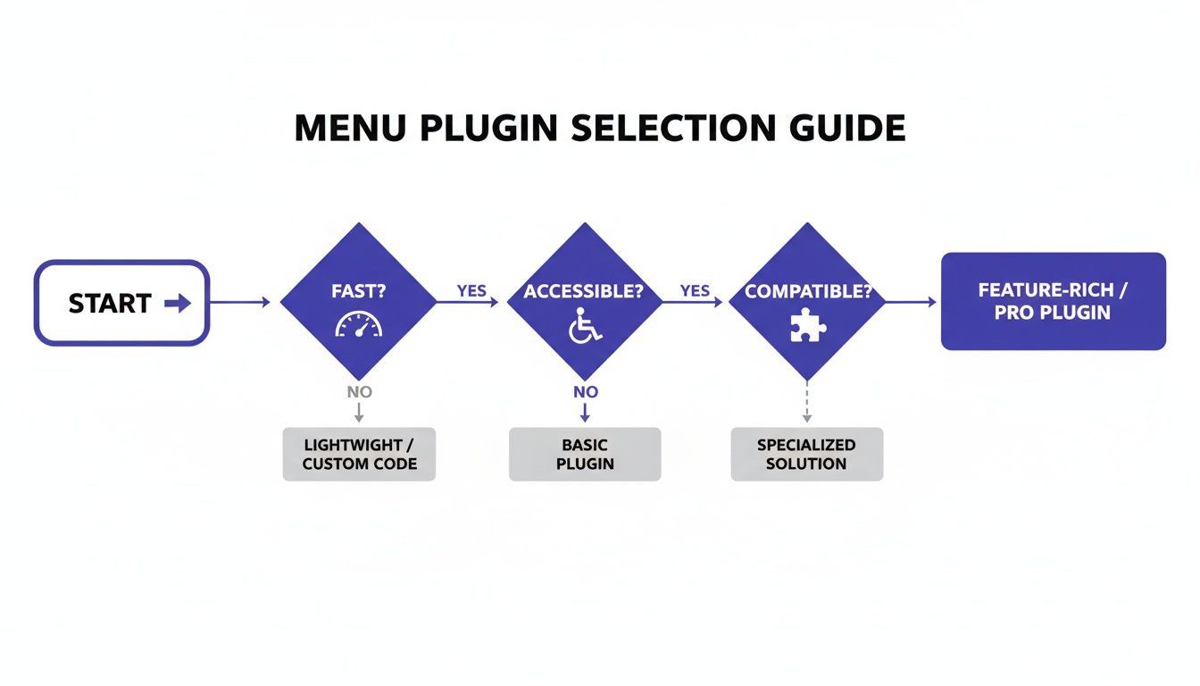 A flowchart illustrating the decision-making process for selecting a WordPress menu plugin.