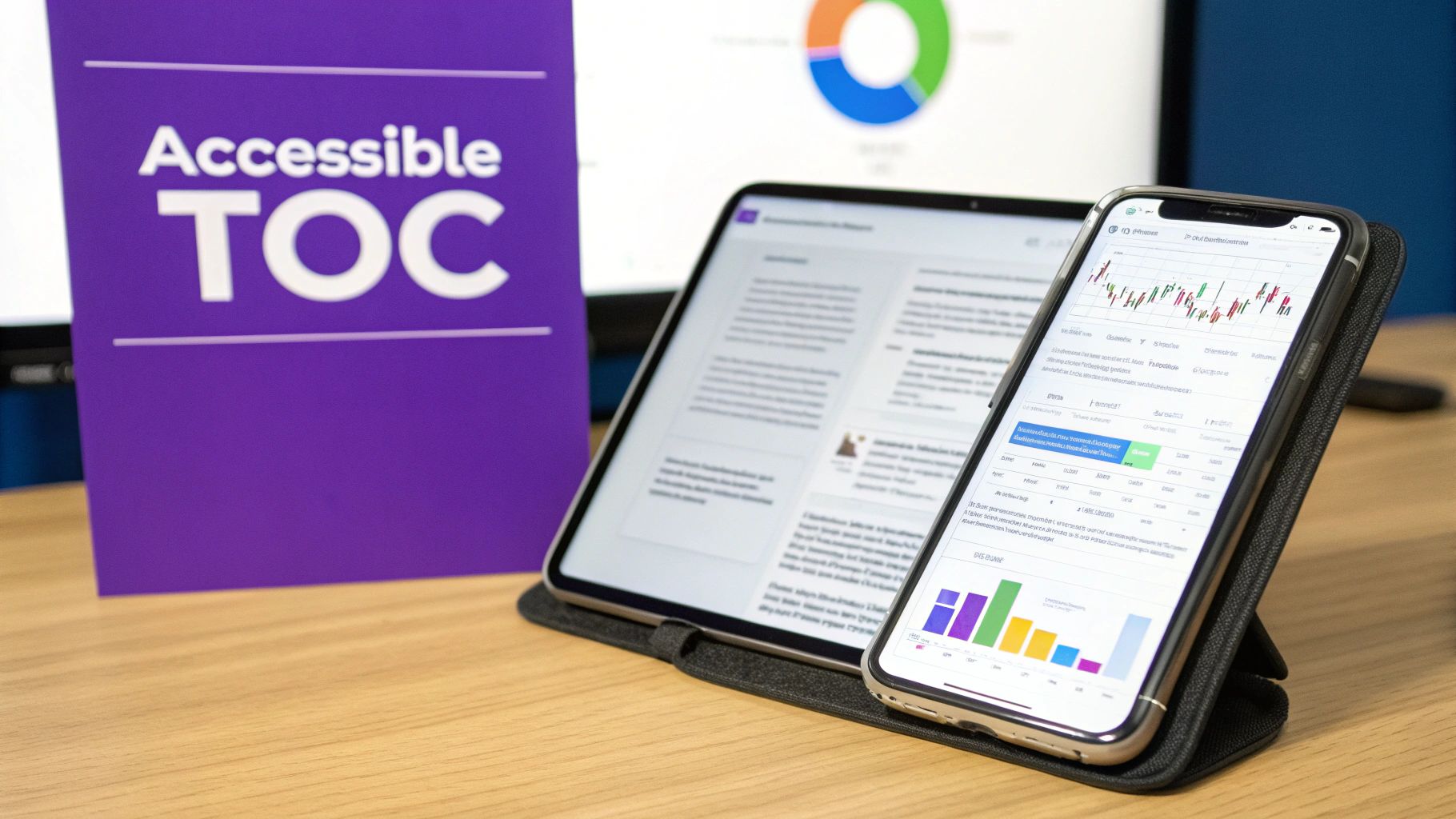 A modern workspace displaying a 'Accessible TOC' sign, a tablet, and a smartphone with charts.