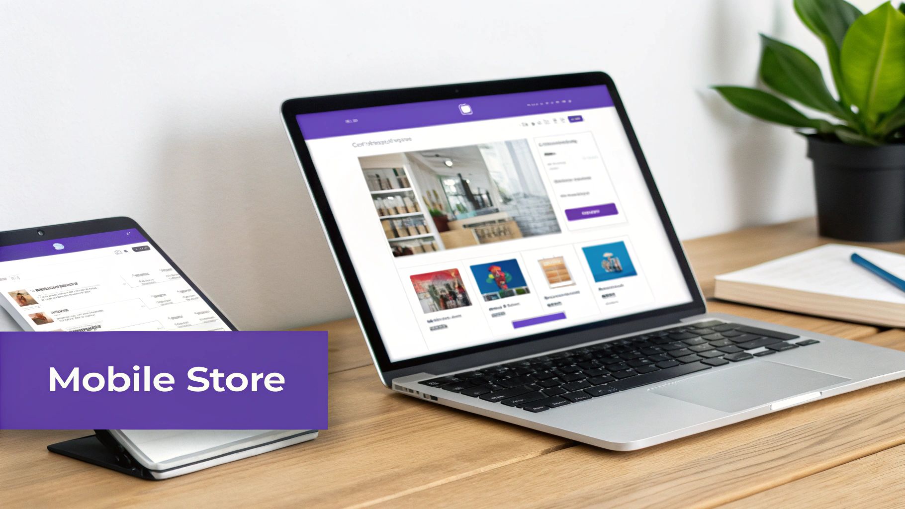 A laptop and a tablet displaying a mobile store interface on a wooden desk.