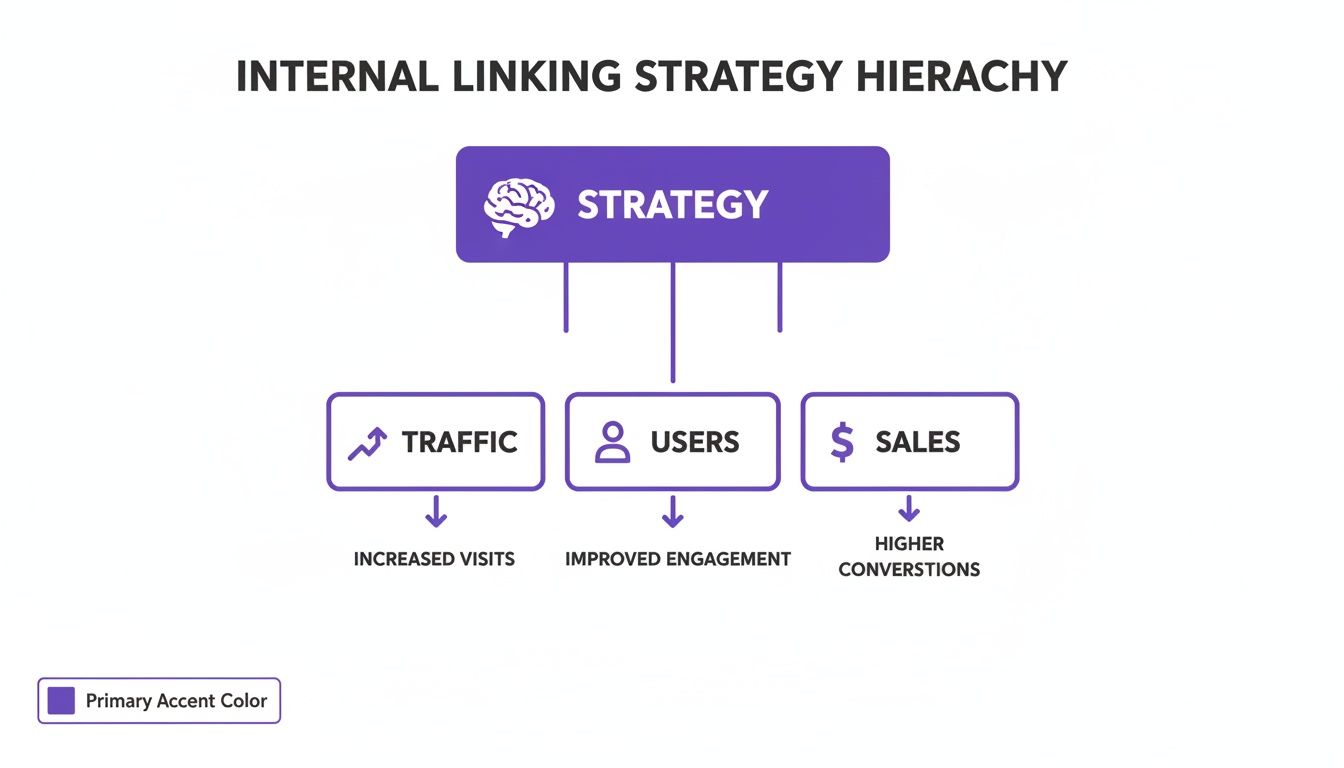 Hierarchy diagram of an internal linking strategy, showing connections from strategy to traffic, users, and sales outcomes.