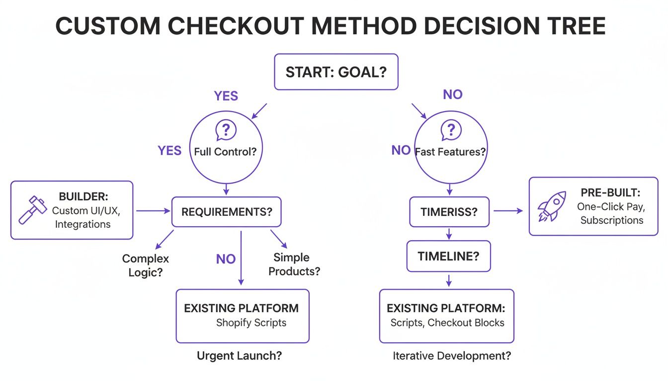 Decision tree flowchart illustrating custom checkout method choices based on control, features, logic, and timeline.