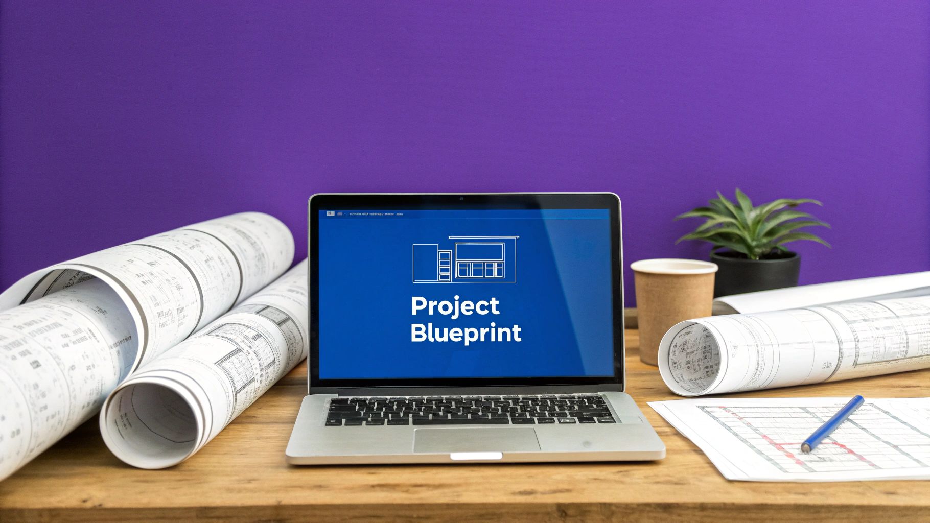 Architectural blueprints and a hard hat on a wooden table, symbolizing project planning.