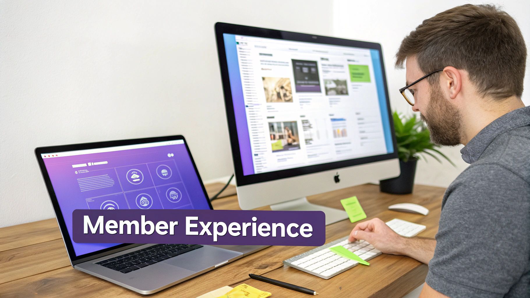 A man works on a desktop computer, with a laptop displaying 'Member Experience' on a wooden desk.