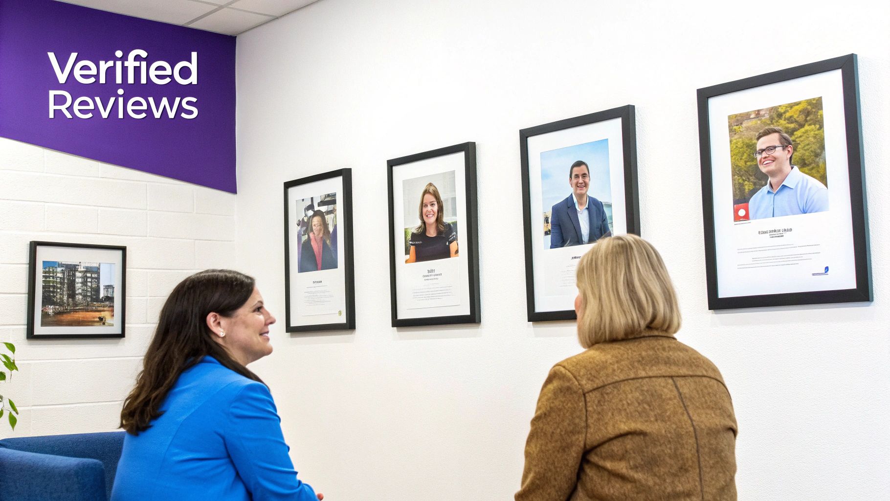 Two women in an office looking at a wall displaying framed portraits and "Verified Reviews" sign.