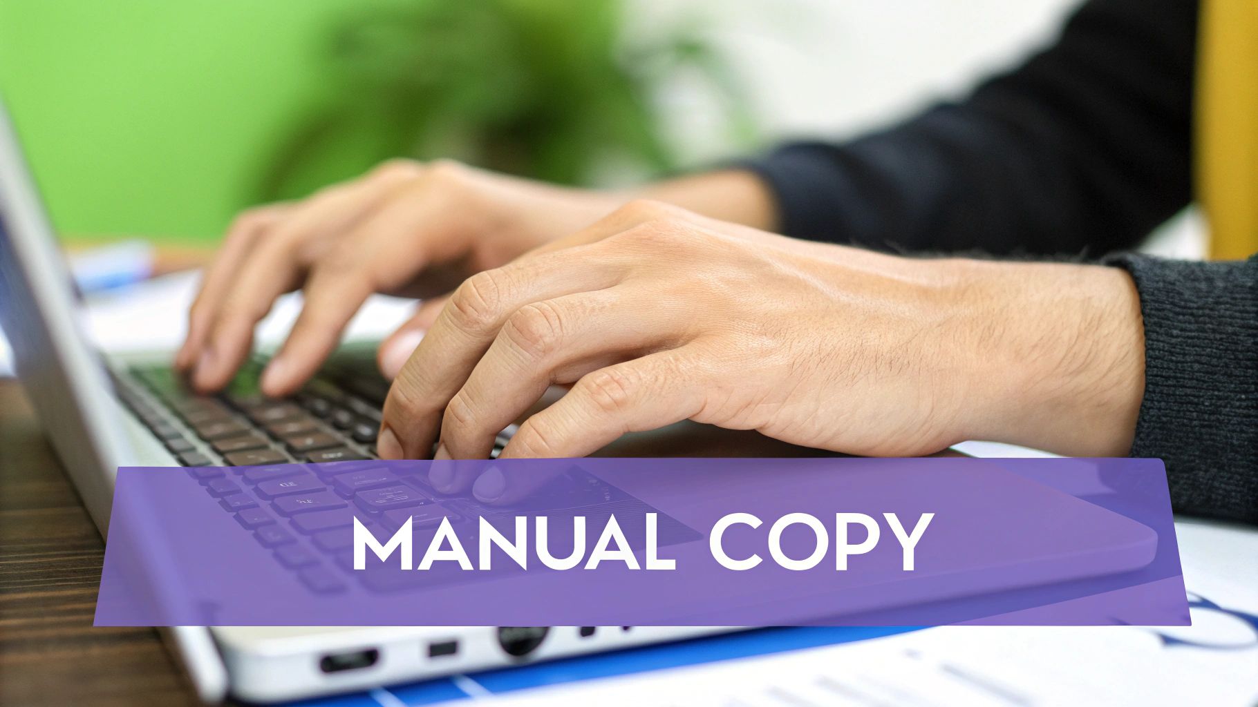 Two computer monitors showing WordPress editor screens, with code blocks being copied and pasted between them.