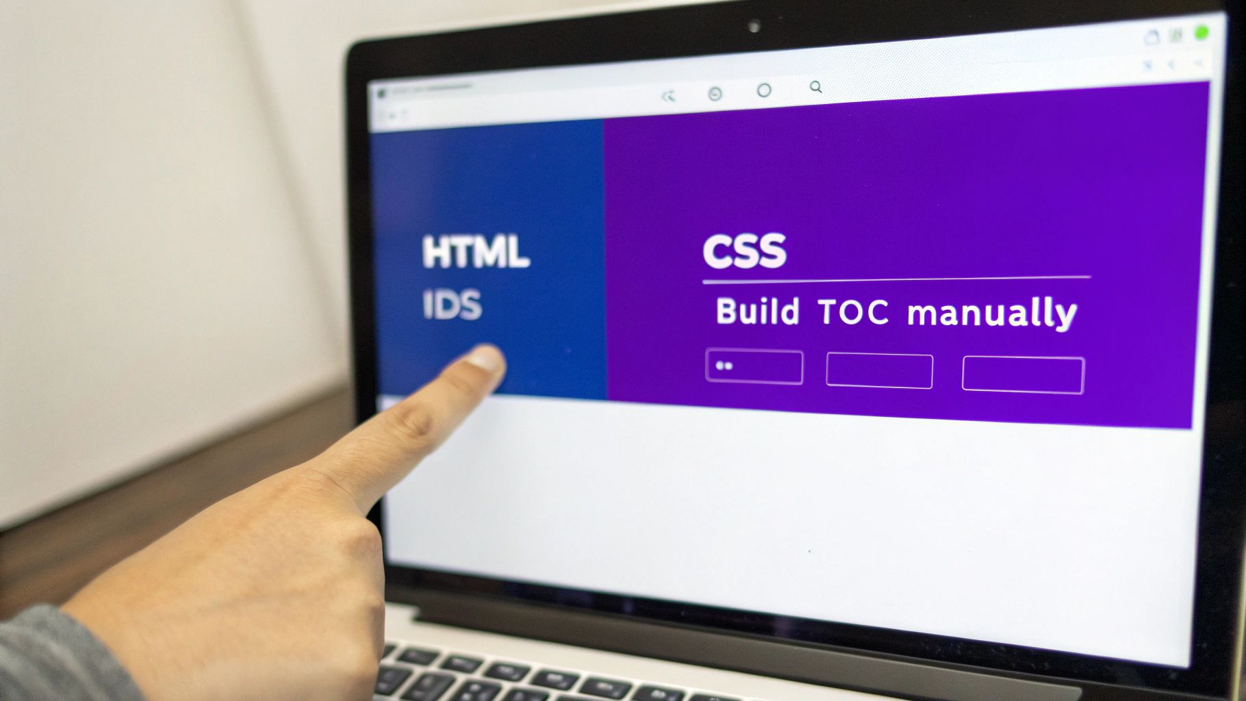 A person's finger points at a laptop screen displaying HTML, CSS, and 'Build TOC manually'.