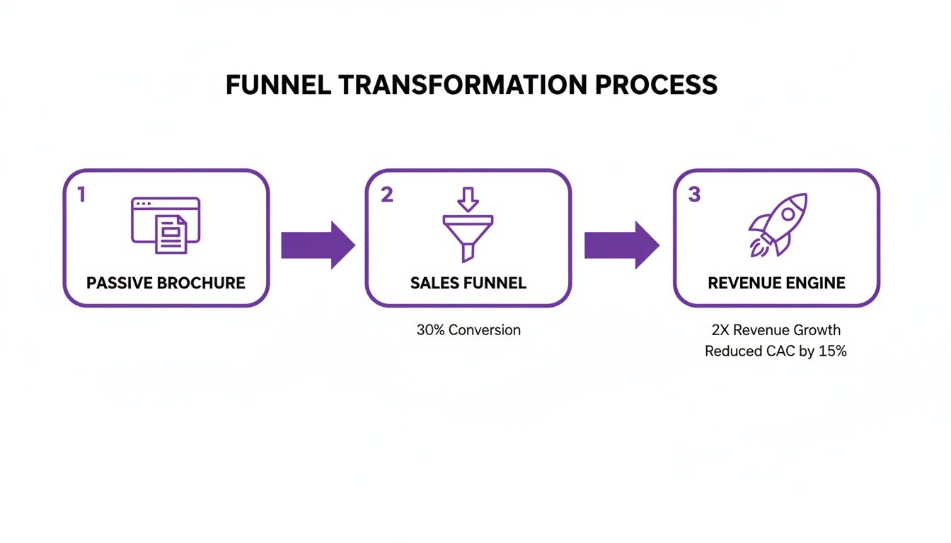 Diagram illustrating the funnel transformation process from passive brochure to sales funnel and revenue engine.