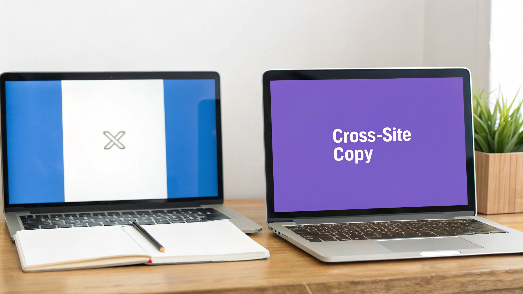 Two laptops on a wooden desk, one showing an 'X' symbol, the other 'Cross-Site Copy' text, with a notebook.