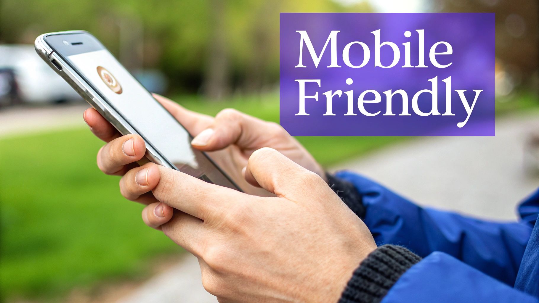 A person holds a silver smartphone outdoors, with a 'Mobile Friendly' text overlay.