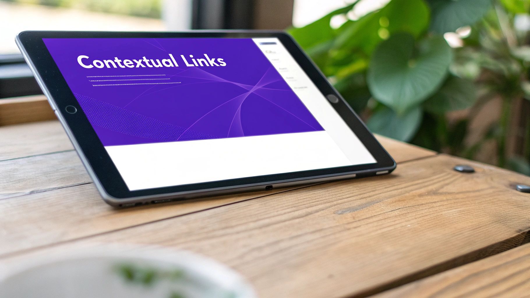 A tablet displaying a webpage titled 'Contextual Links' on a wooden table with plants.