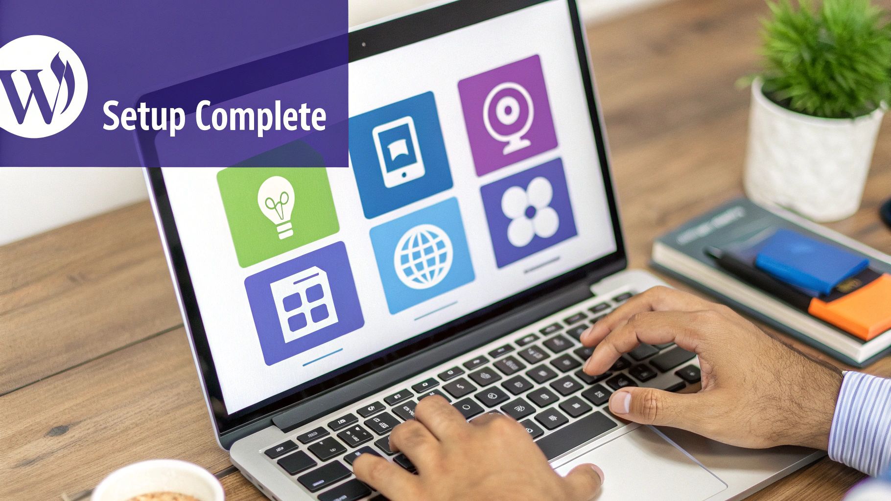 A person working on a laptop with the WordPress, Elementor, and Exclusive Addons logos displayed.