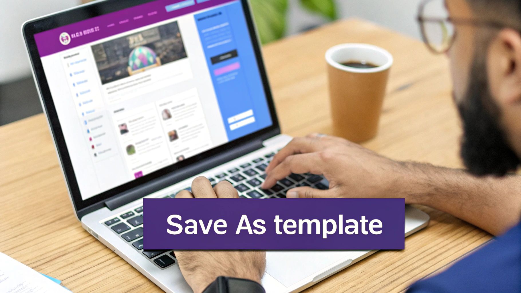 A person types on a laptop displaying a website interface, with a prominent 'Save As template' overlay.